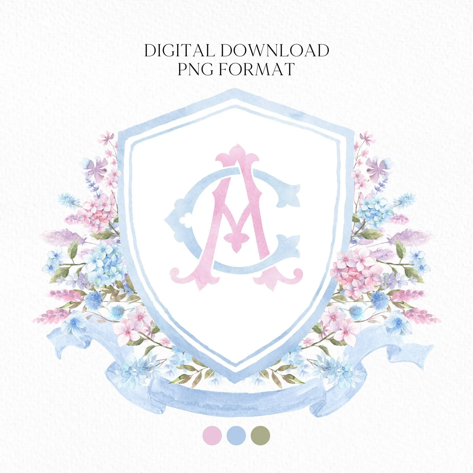 Pink Blue Hydrangea Flower Wedding Crest - Monogram Crest - Hydrangea Floral Luxury Watercolor Wedding Crest - Romantic Wedding Crest