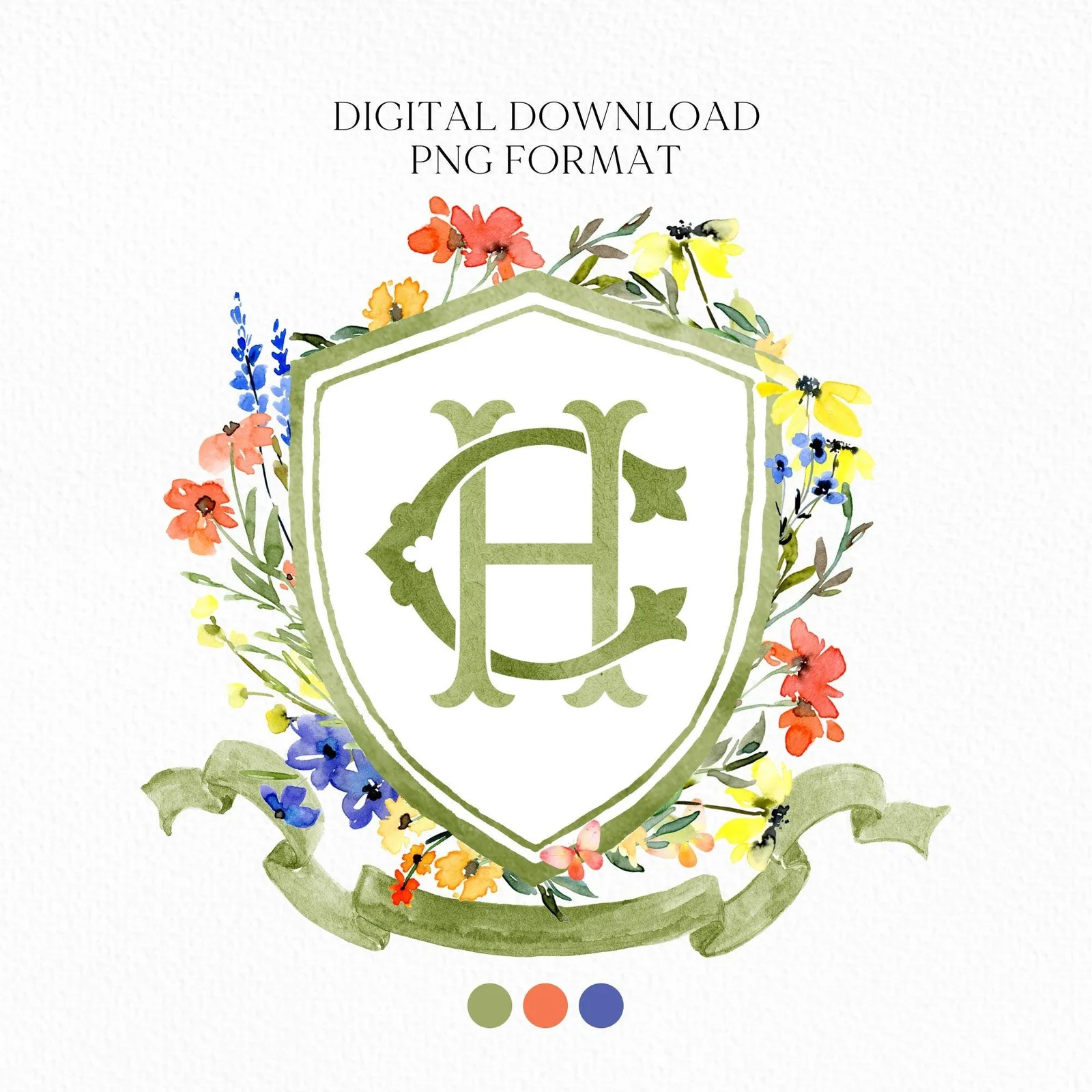 Wildflowers Bright Floral Colorful Watercolor Wedding Crest - Monogram Crest - Spring Floral Watercolor Wedding Crest - Wedding Crest