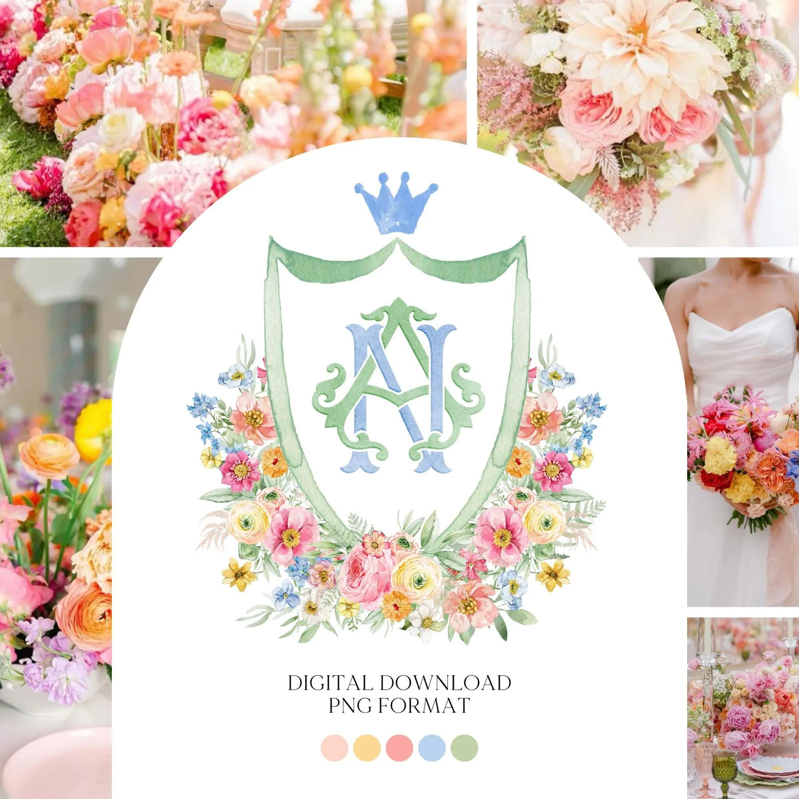 Wildflowers Bright Floral Colorful Watercolor Wedding Crest - Monogram Crest - Floral Watercolor Wedding Crest - Romantic Wedding Crest