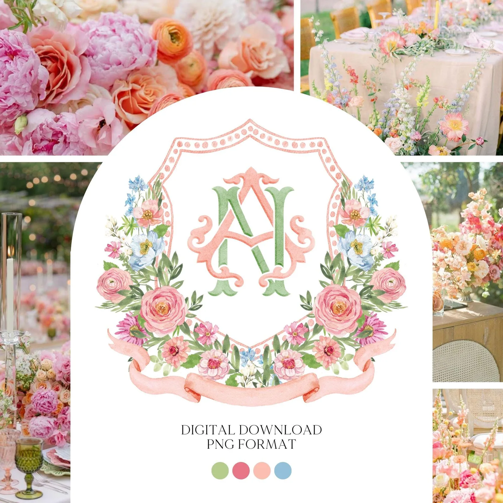 Wildflowers Bright Floral Colorful Watercolor Wedding Crest - Monogram Crest - Floral Watercolor Wedding Crest - Romantic Wedding Crest