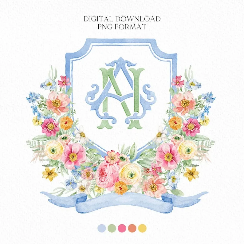 Wildflowers Bright Floral Colorful Watercolor Wedding Crest