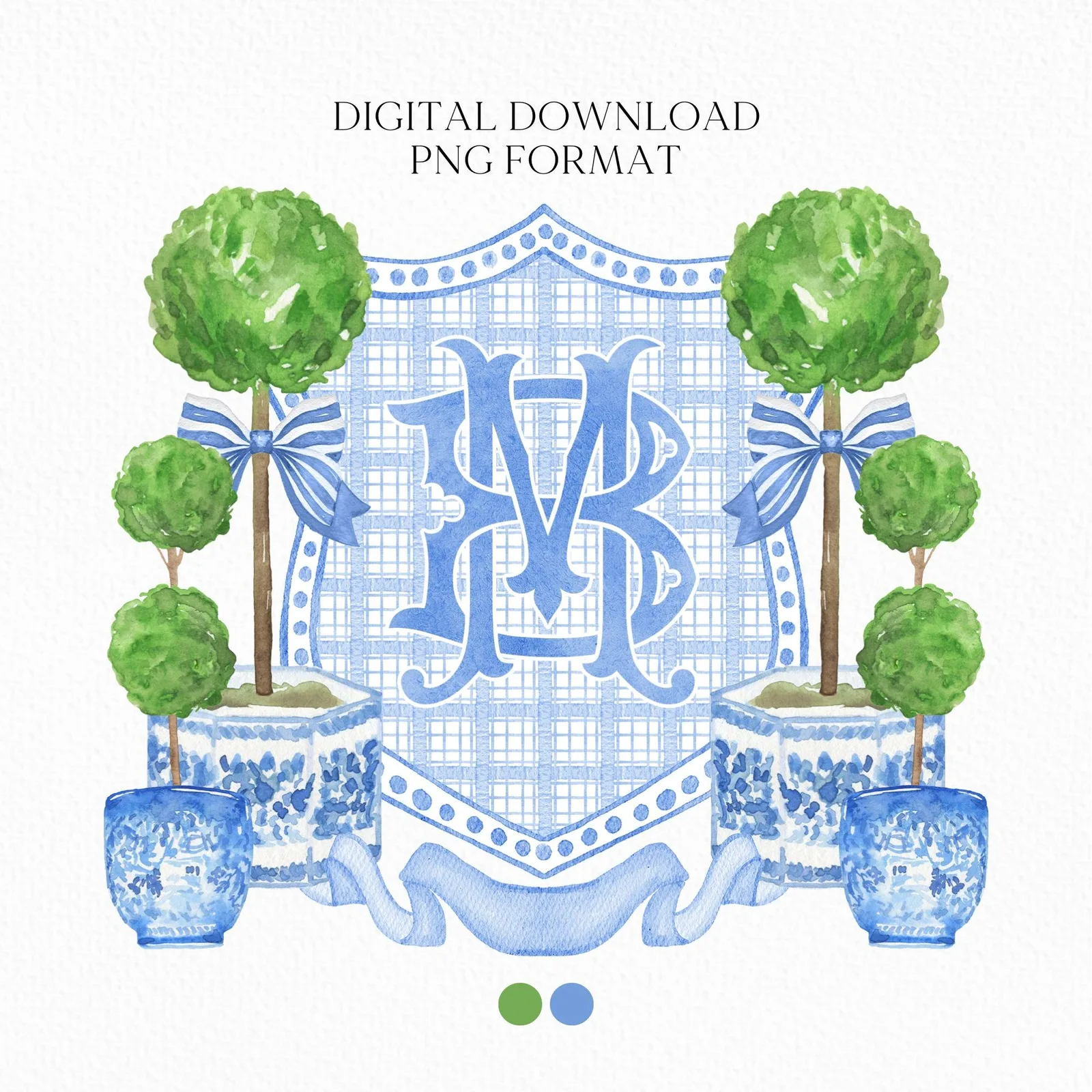 Chinoiserie Blue Topiary Wedding Crest - Monogram Crest - Chinoiserie Blue Watercolor Wedding Crest Romantic Wedding Crest