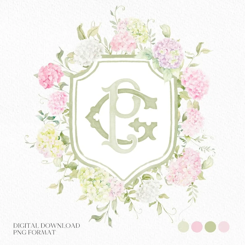 Blue White Pink Hydrangea Flower Wedding Crest