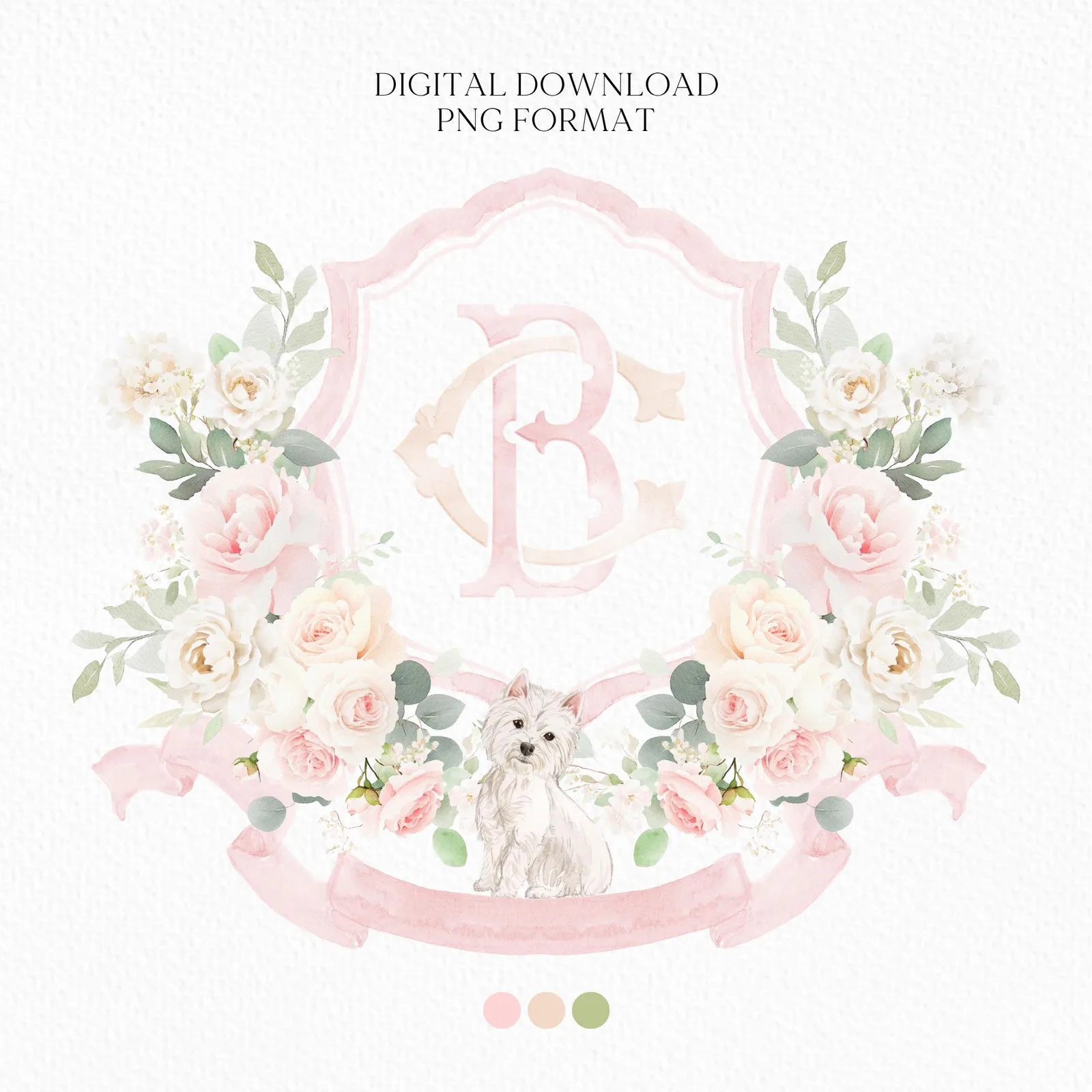 Blush Rose and Peony Greenery Flower Wedding Crest - Monogram Crest - Blush Peony Floral Watercolor Wedding Crest - Romantic Wedding Crest