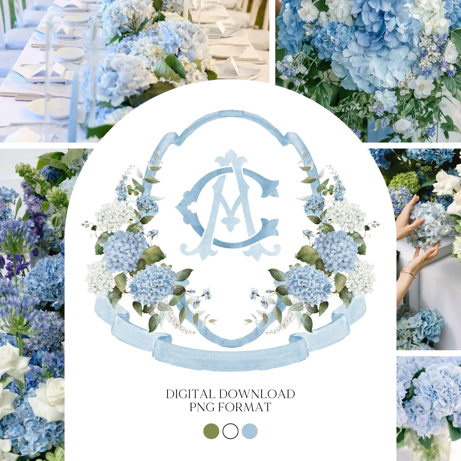Hydrangea Flower Wedding Crest - Monogram Crest - Hydrangea Floral Luxury Watercolor Wedding Crest - Romantic Wedding Crest- Boho Hydrangea