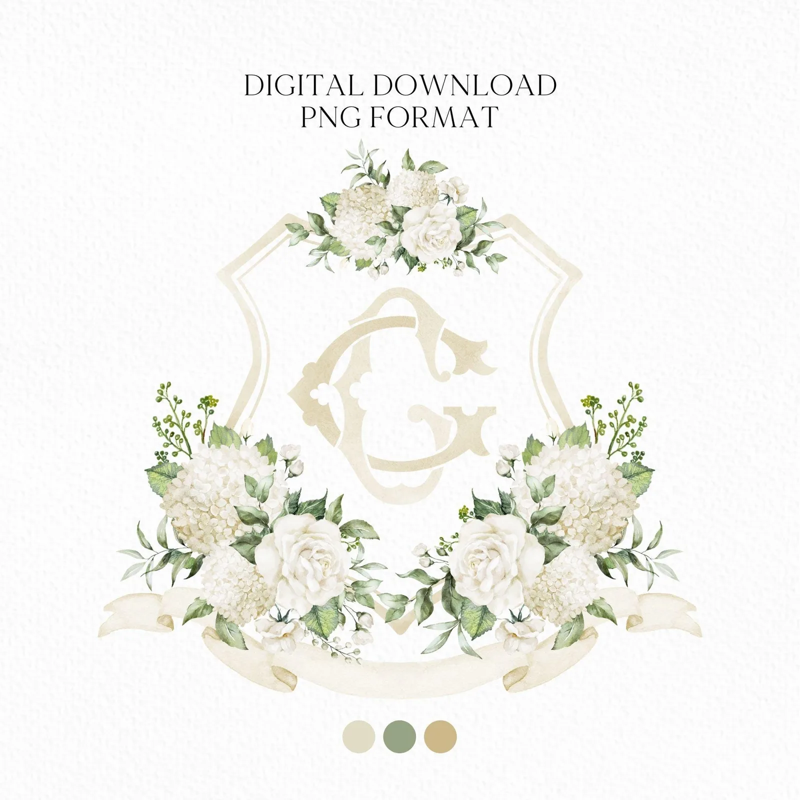 Hydrangea White Rose Greenery Flower Wedding Crest - Monogram Crest - Hydrangea White Floral Watercolor Wedding Crest Romantic Wedding Crest
