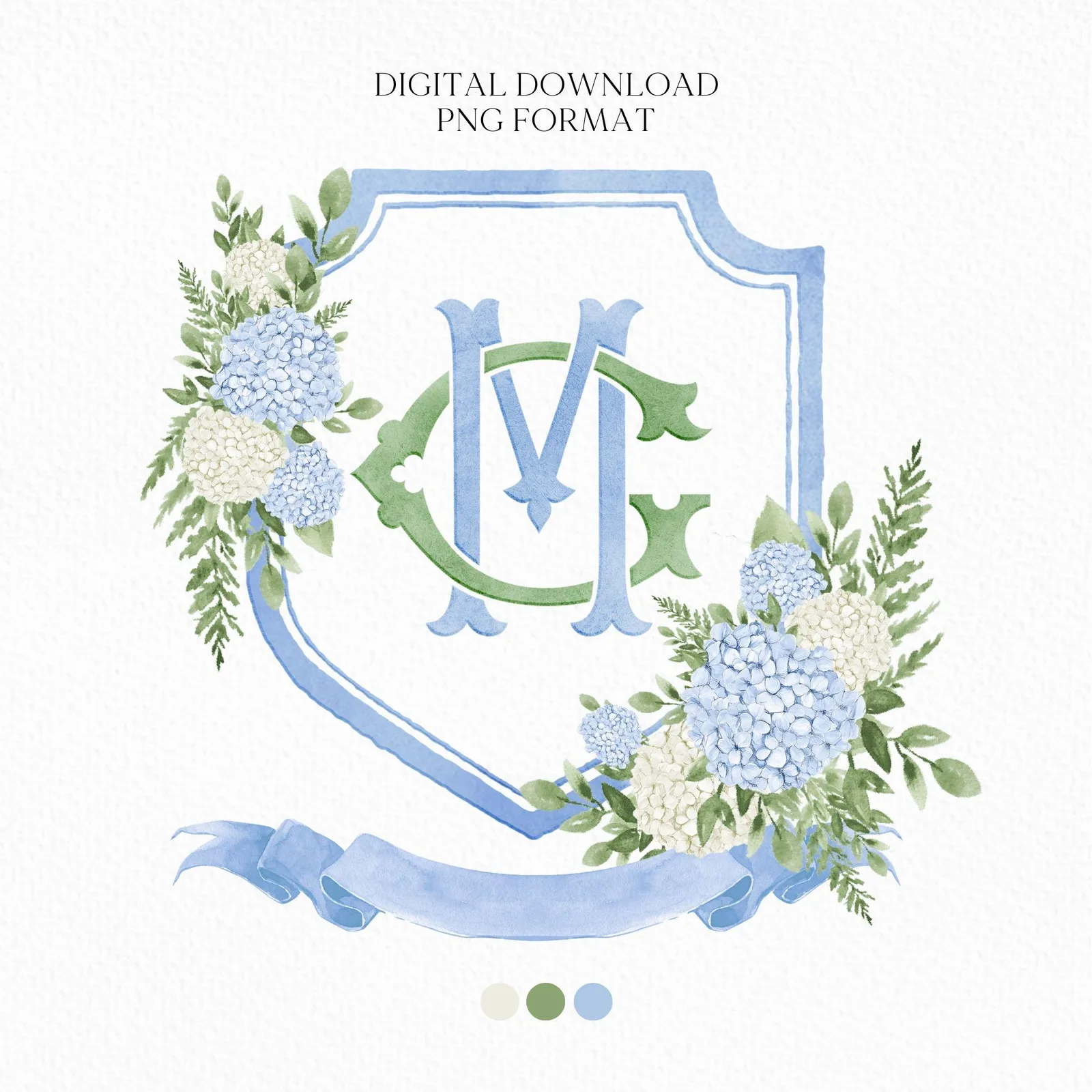 Blue White Hydrangea Flower Wedding Crest - Monogram Crest
