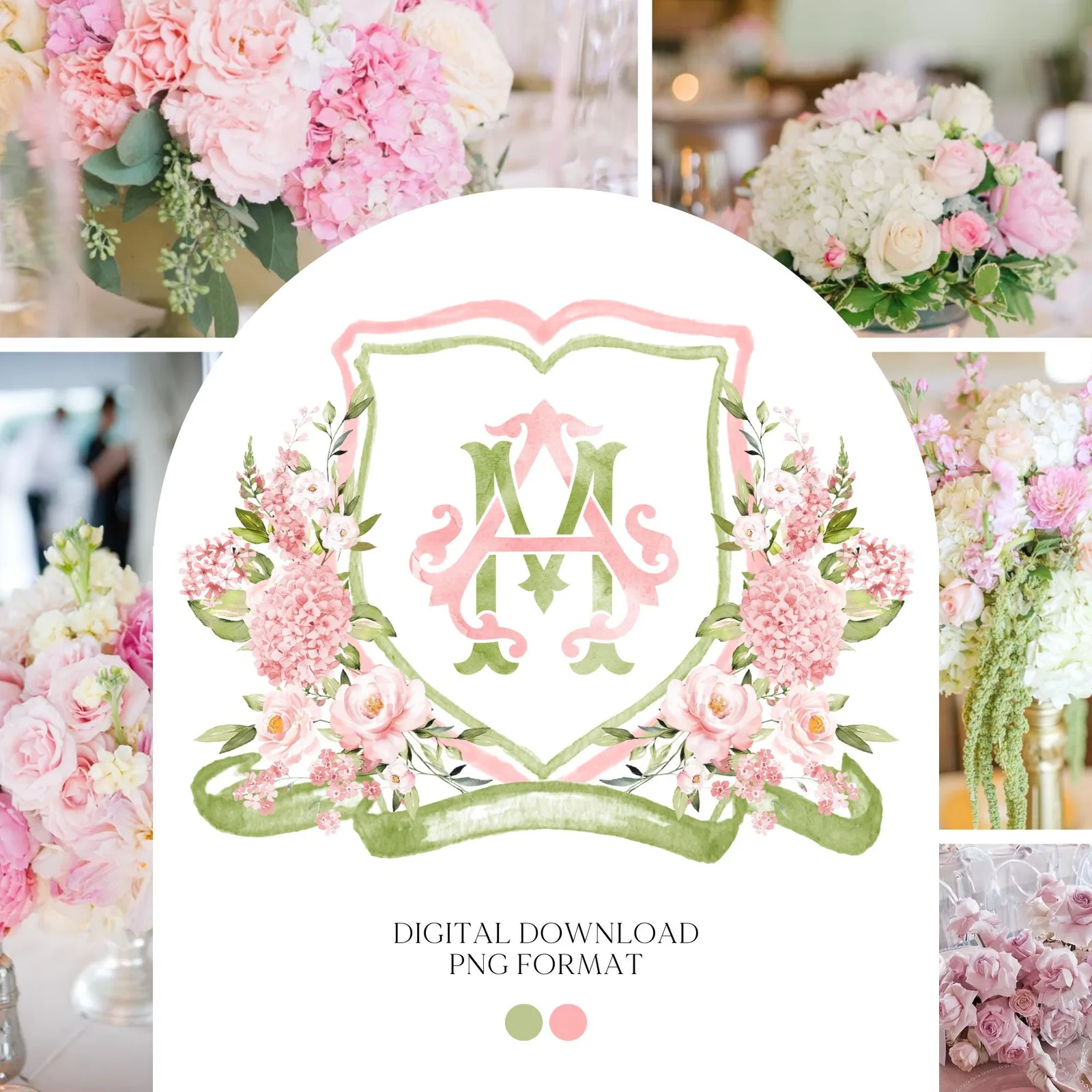 Hydrangea Blush Pink Rose Flower Wedding Crest - Monogram Crest - Pink Hydrangea Floral Luxury Watercolor Wedding Crest