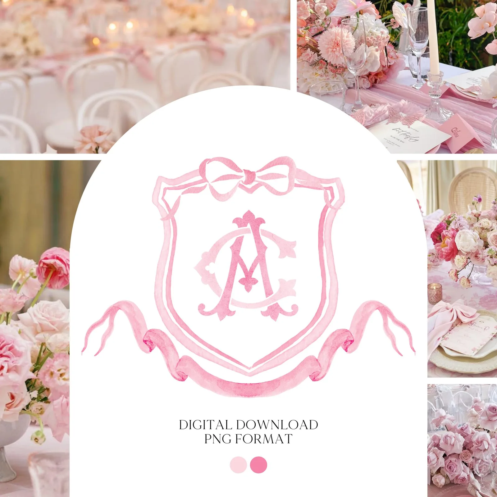 Pink Coquette Ribbon Bow Crest Wedding Crest - Monogram Crest - Pink Ribbon Bow Watercolor Wedding Crest Romantic Wedding Crest