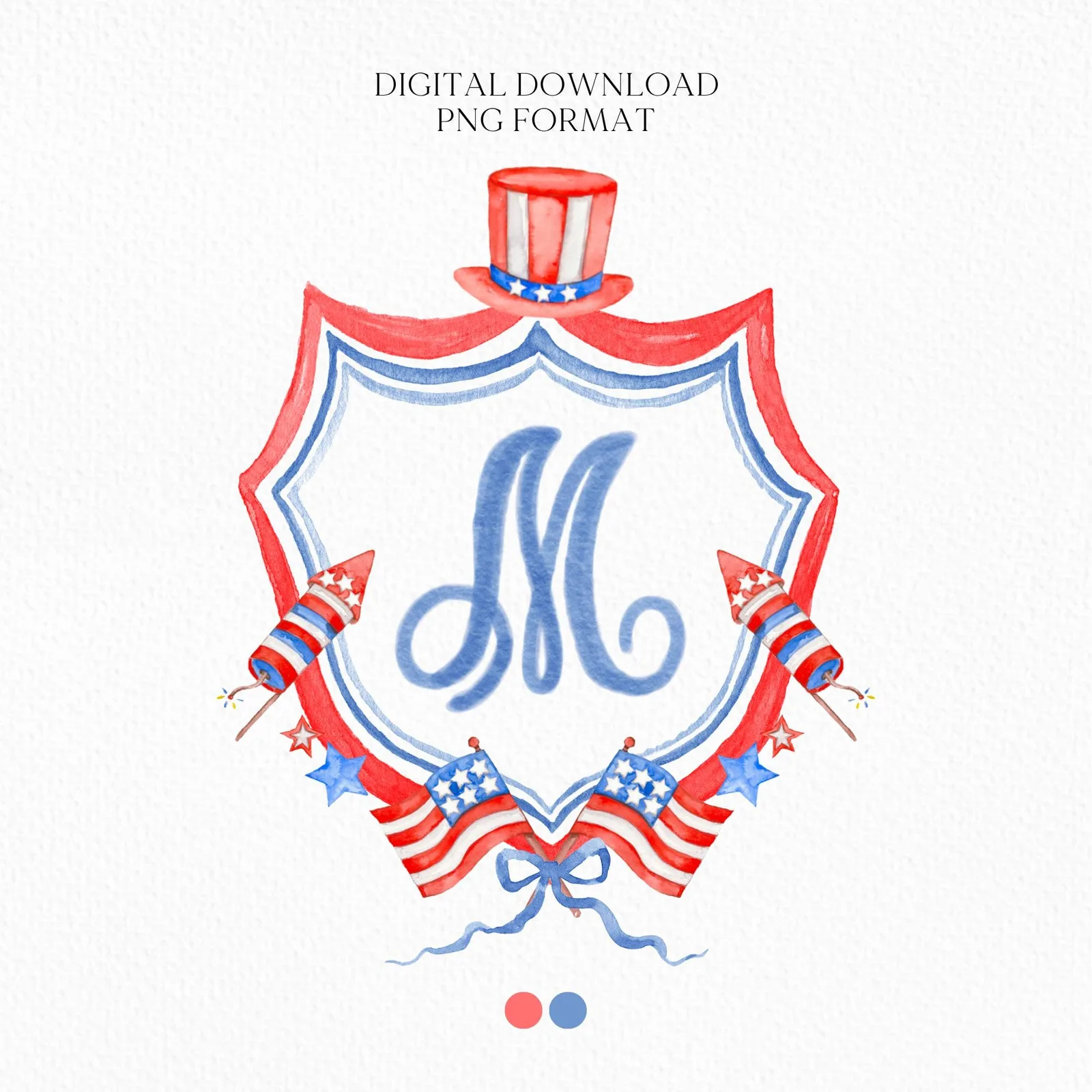 Patriotic 4th July Independence Day Wedding Watercolor Crest