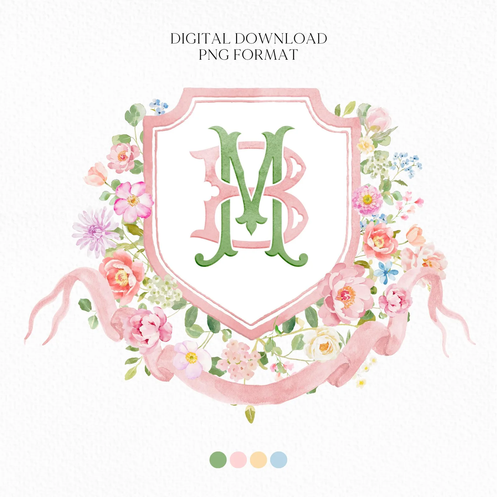 Wildflowers Bright Floral Colorful Watercolor Wedding Crest - Monogram Crest - Floral Watercolor Wedding Crest - Romantic Wedding Crest