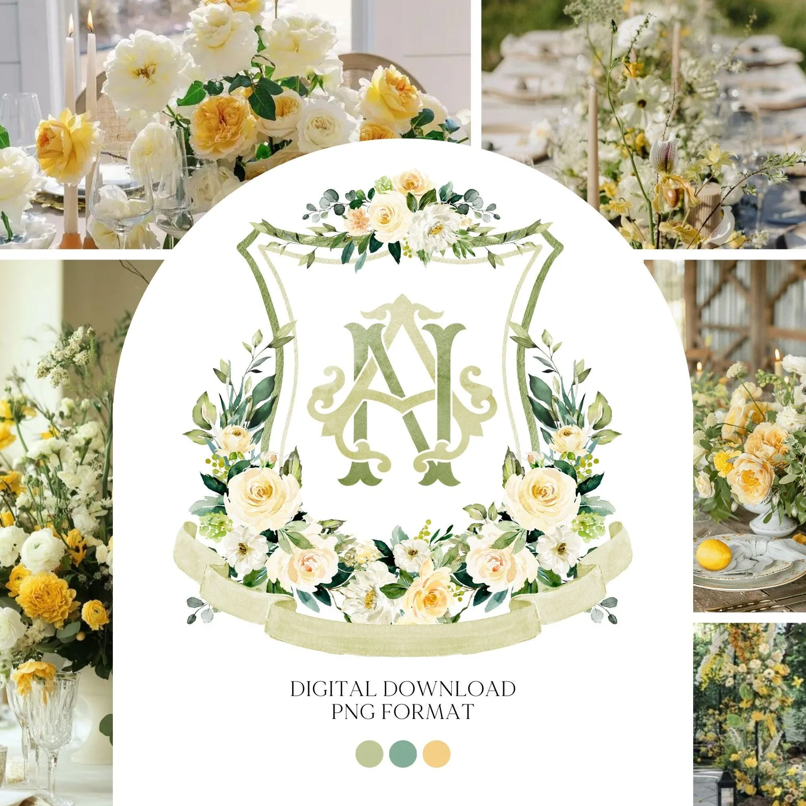 Lemon Green White Yellow Floral Flower Wedding Crest - Monogram Crest - Floral Luxury Watercolor Wedding Crest - Romantic Wedding Crest