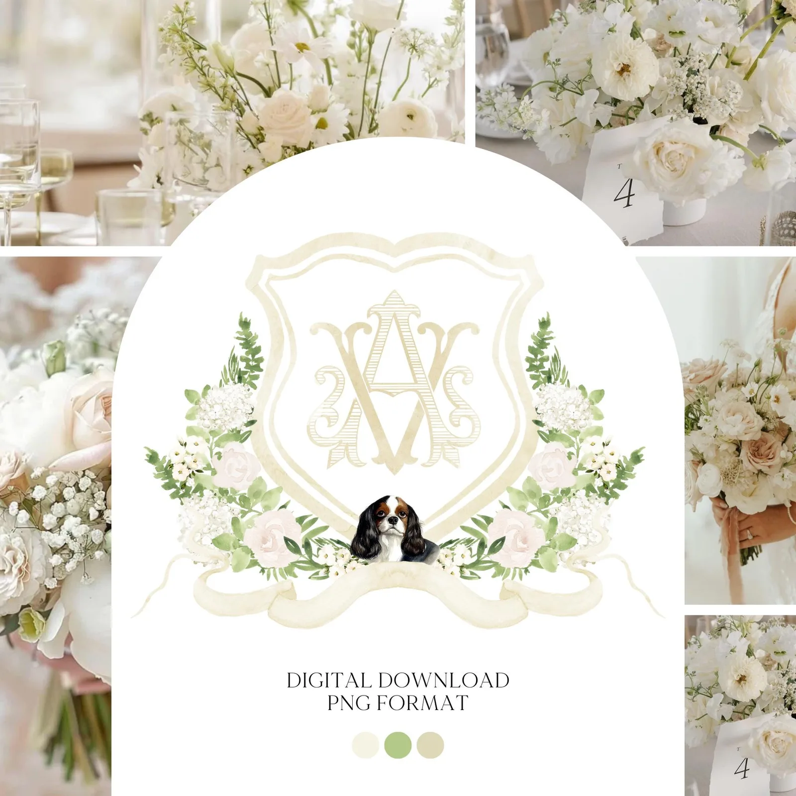 Hydrangea White Rose Greenery Flower Wedding Crest - Monogram Crest - Hydrangea White Floral Watercolor Wedding Crest Romantic Wedding Crest