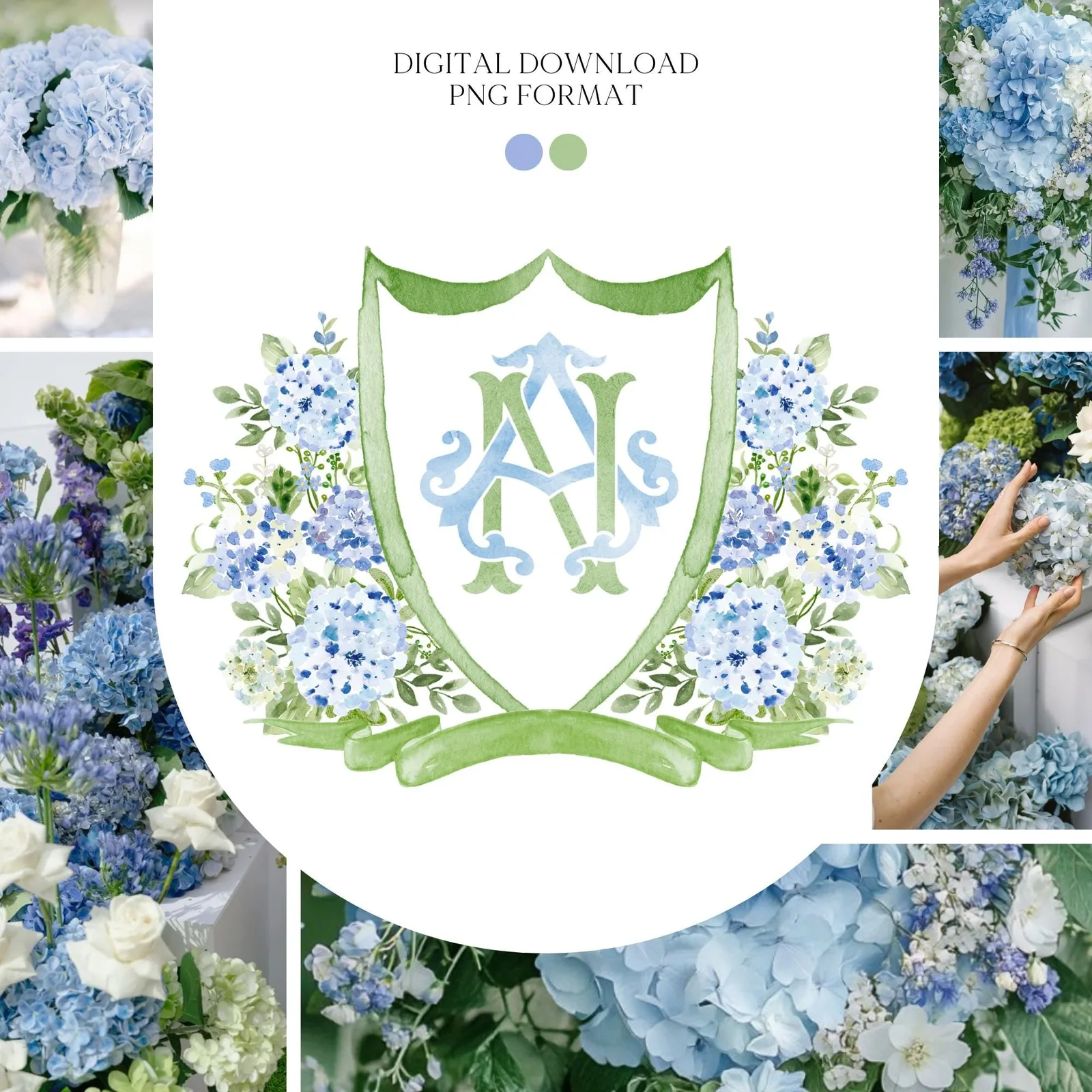 Hydrangea Flower Wedding Crest - Monogram Crest - Hydrangea Floral Luxury Watercolor Wedding Crest - Romantic Wedding Crest- Boho Hydrangea