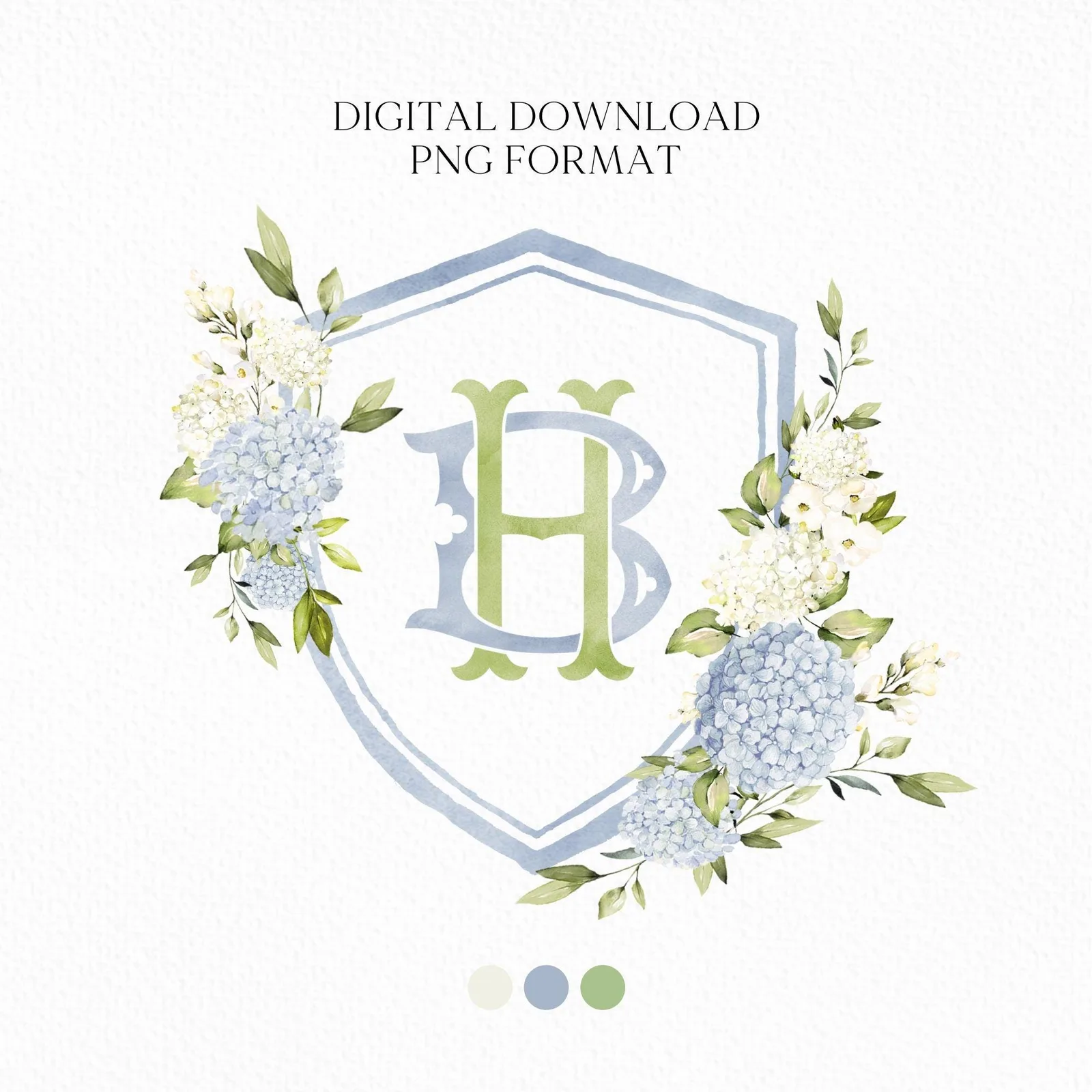 Blue White Hydrangea Flower Wedding Crest - Monogram Crest - Hydrangea Floral Luxury Watercolor Wedding Crest - Romantic Wedding Crest