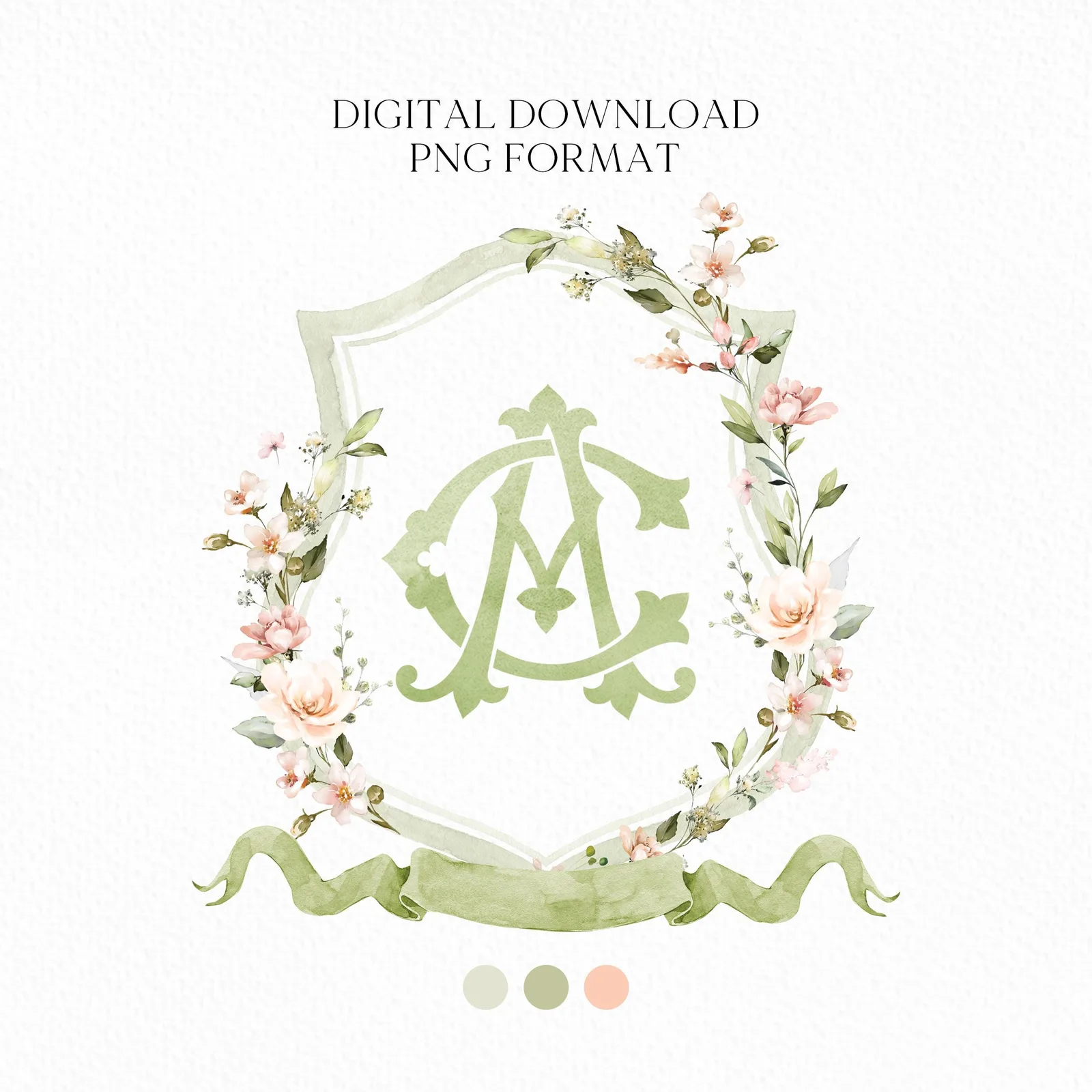 Blush Pink Flower Wedding Crest - Monogram Crest - Floral Luxury Watercolor Wedding Crest - Romantic Wedding Crest - Sage Blush Rose Crest