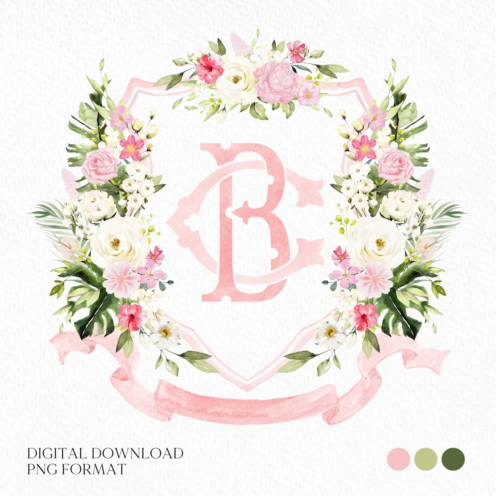 White Roses Floral Watercolor With Palm Wedding Crest - Monogram Crest - Tropical Palm Watercolor Flowers Wedding Crest - Romantic Wedding