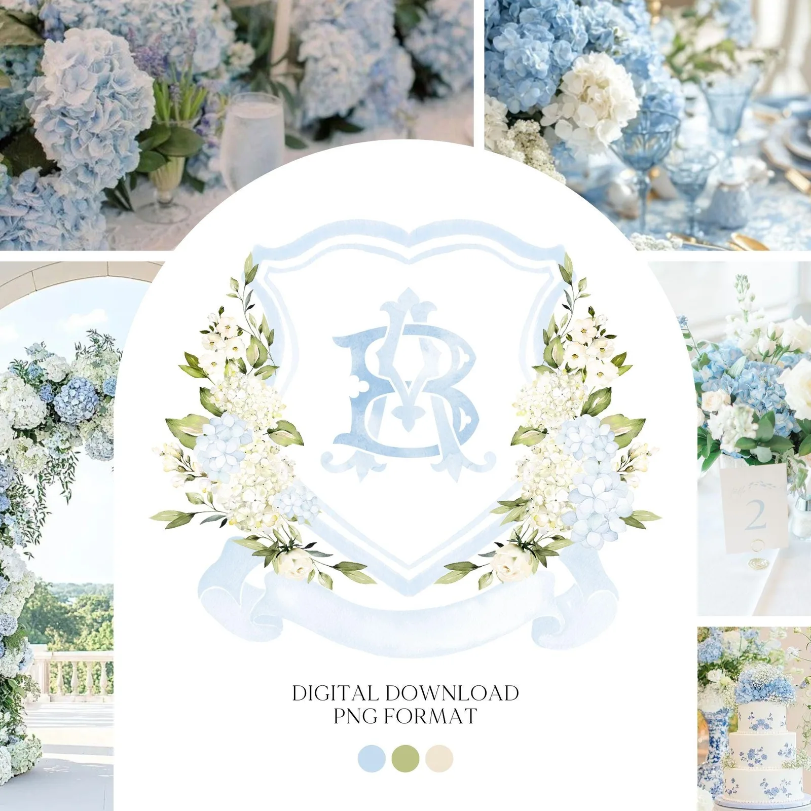 White Blue Hydrangea Flower Wedding Crest