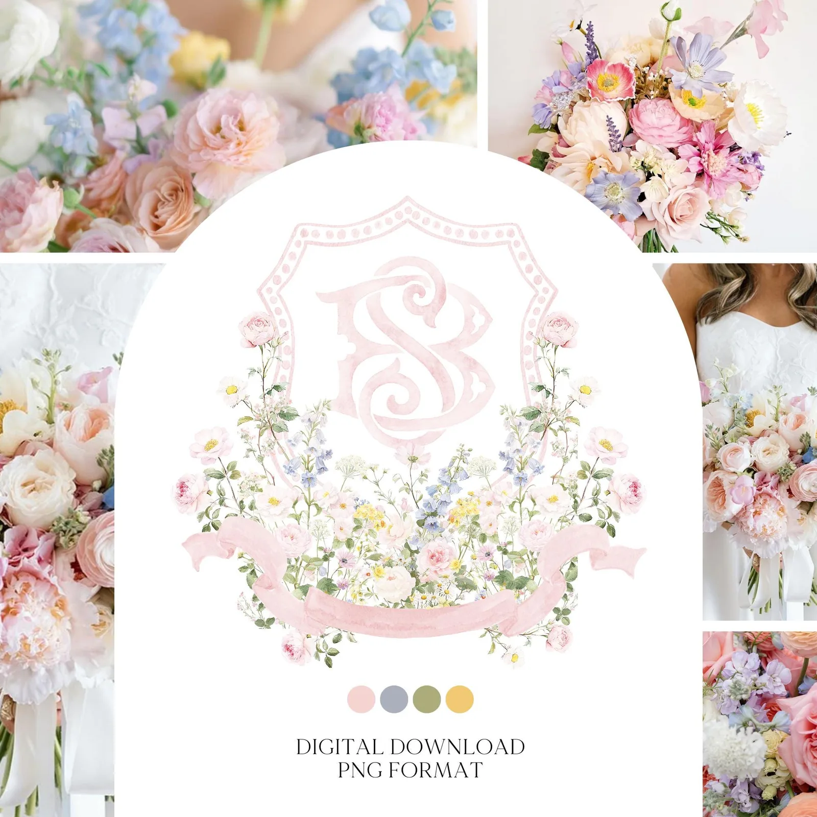 Pastel Wildflowers Light Pink Watercolor Wedding Crest - Monogram Crest - Floral Watercolor Wedding Crest - Romantic Wedding Crest