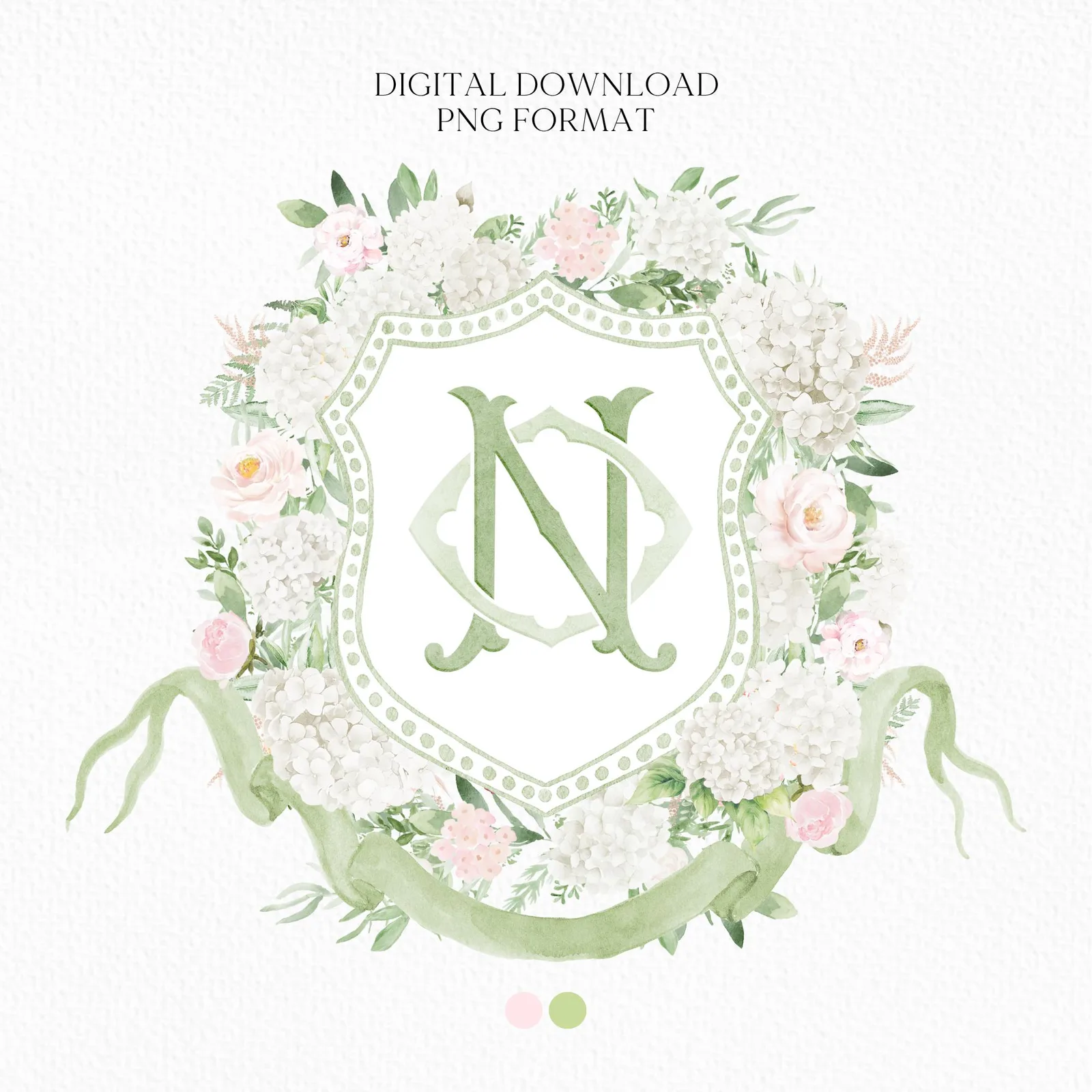 White Hydrangea Flower Wedding Crest - Monogram Crest - Light Pink Roses Hydrangea Floral Watercolor Wedding Crest - Romantic Wedding Crest