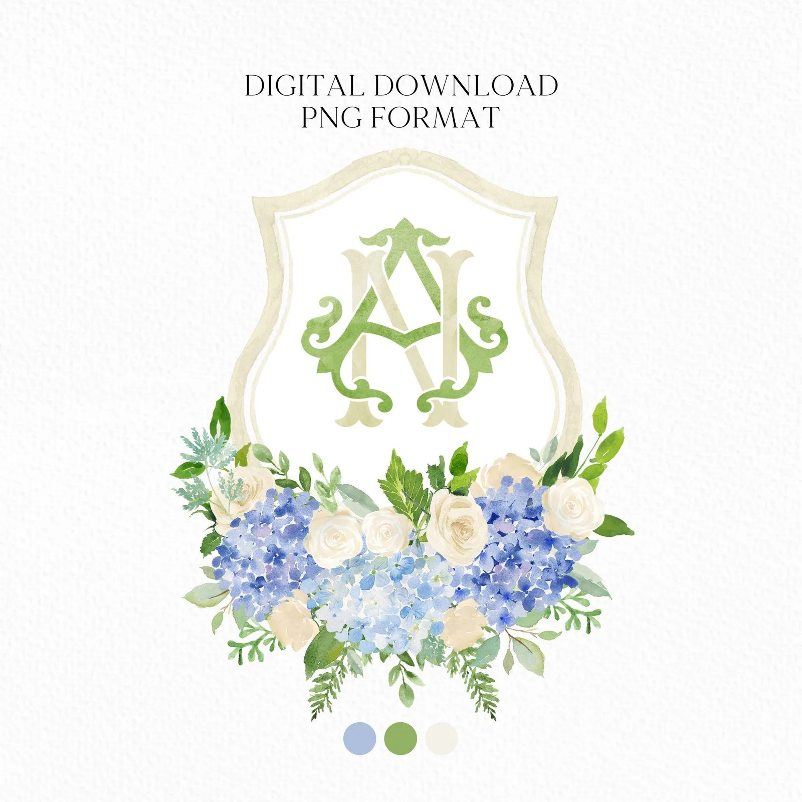 Hydrangea Flower Wedding Crest - Monogram Crest - Hydrangea Floral Blue Watercolor Wedding Crest - Romantic Wedding Crest - Boho Hydrangea