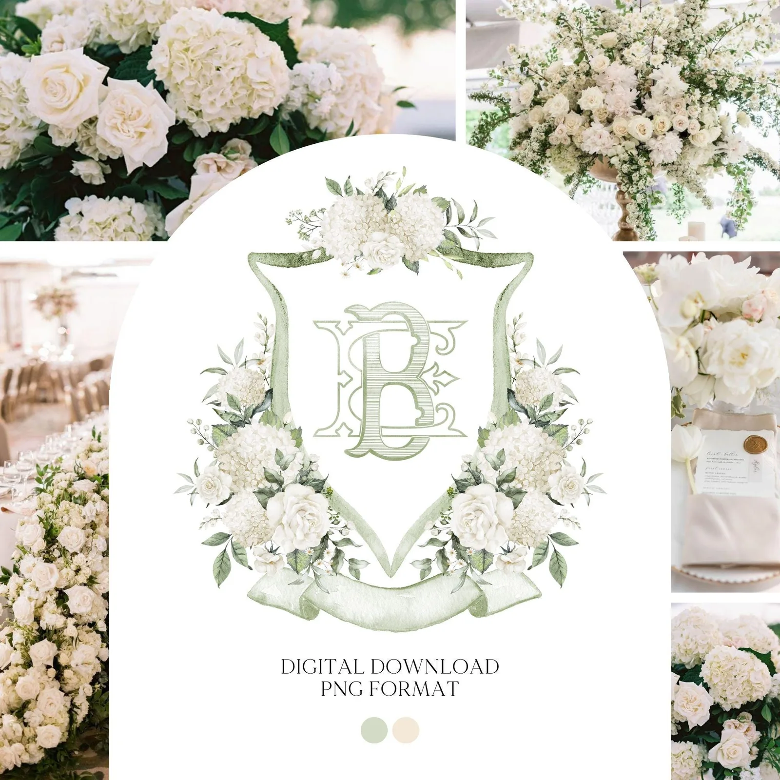Hydrangea White Rose Greenery Flower Wedding Crest - Monogram Crest - Hydrangea White Floral Watercolor Wedding Crest Romantic Wedding Crest