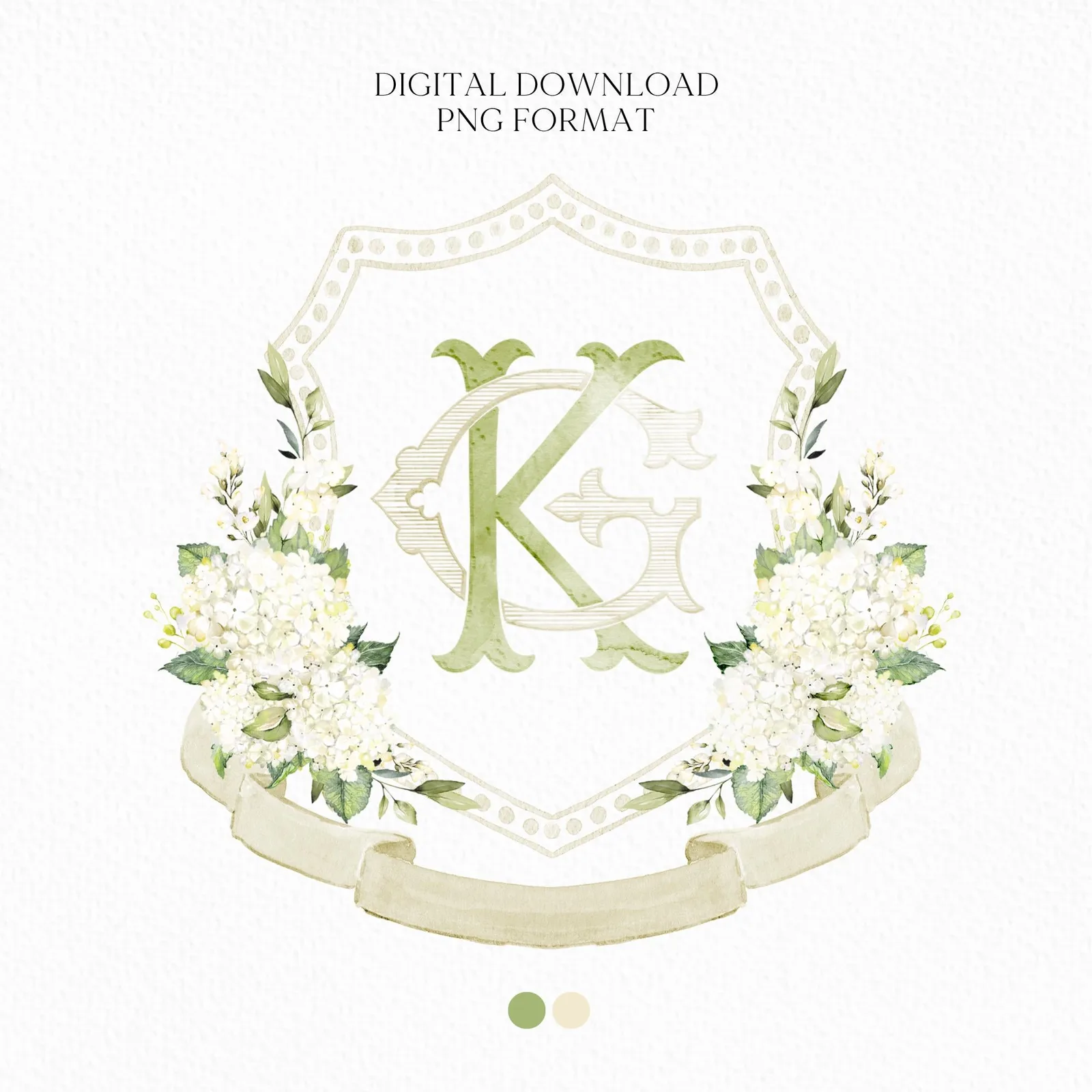 Hydrangea White Flower Wedding Crest - Monogram Crest - White Hydrangea Floral Luxury Watercolor Wedding Crest - Romantic Wedding Crest