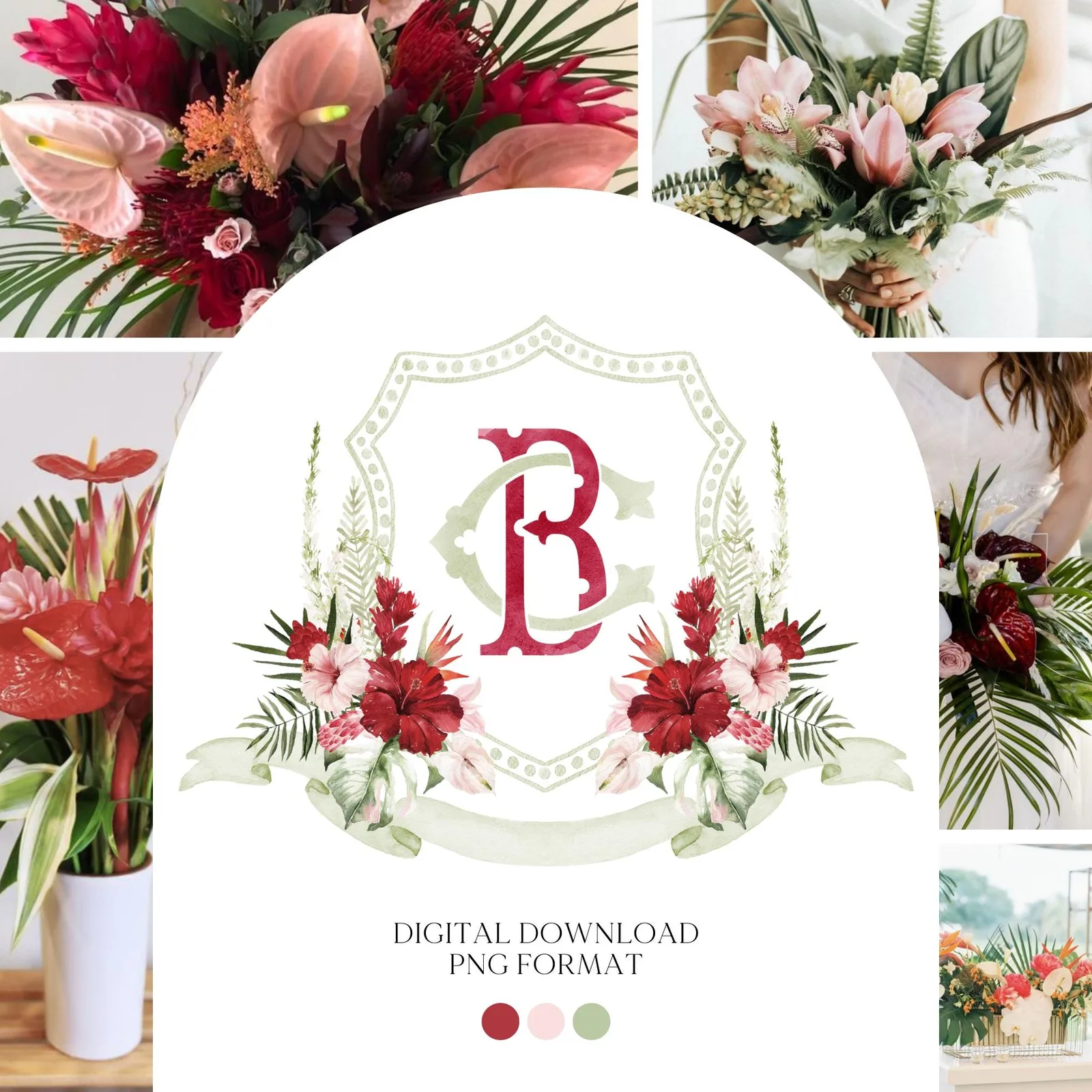 Crest Hawaii Palm Leaf Watercolor Flowers Wedding Crest - Monogram Crest - Summer Tropical Watercolor Wedding Crest - Romantic Wedding Crest
