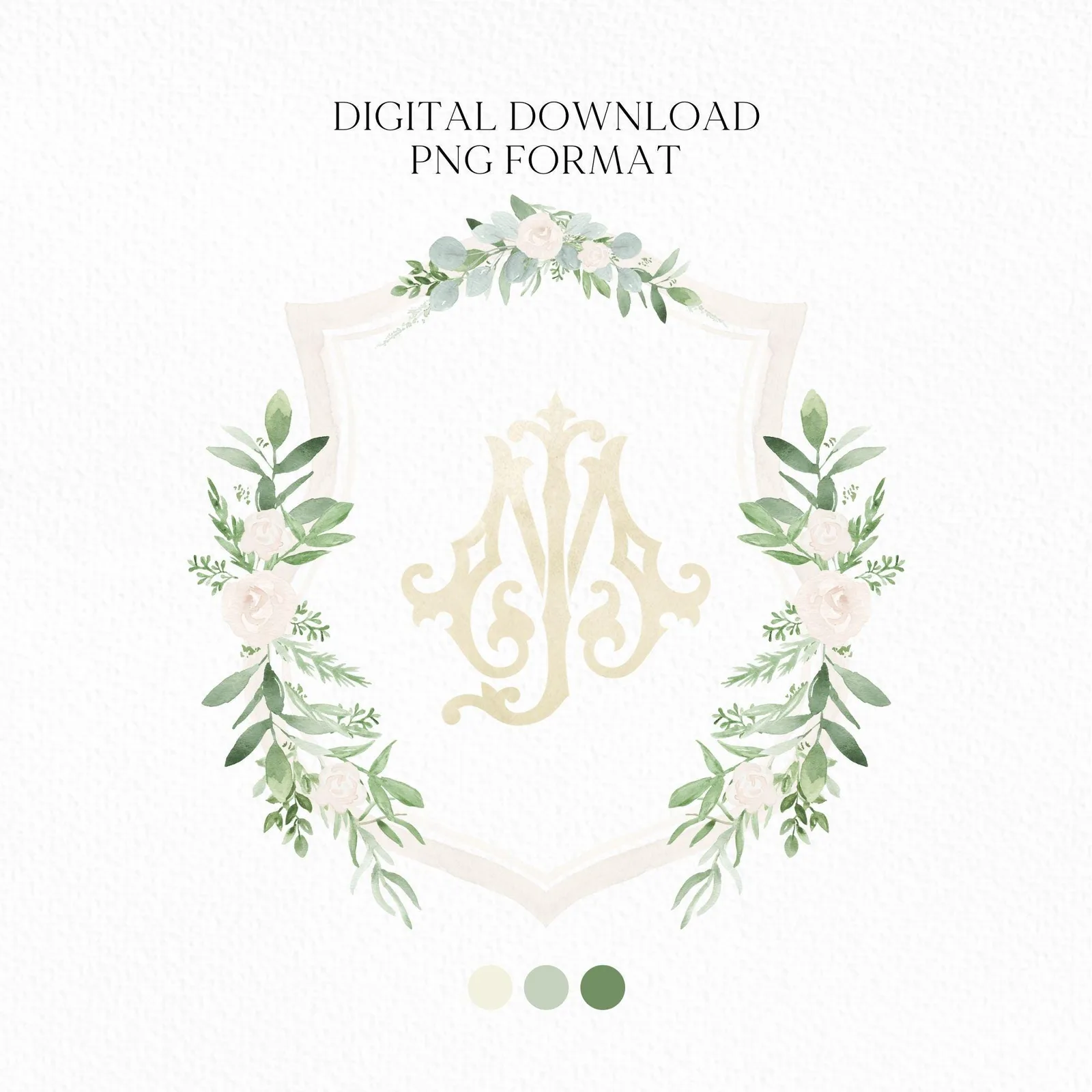 Greenery and White Floral Wedding Crest - Monogram Crest - White Floral Luxury Watercolor Wedding Crest - Romantic Wedding Crest