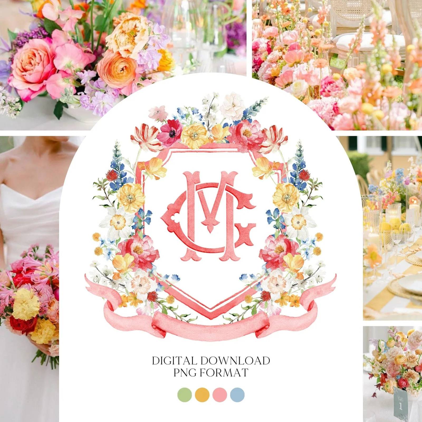 Wildflowers Bright Floral Colorful Watercolor Wedding Crest - Monogram Crest - Floral Watercolor Wedding Crest - Romantic Wedding Crest