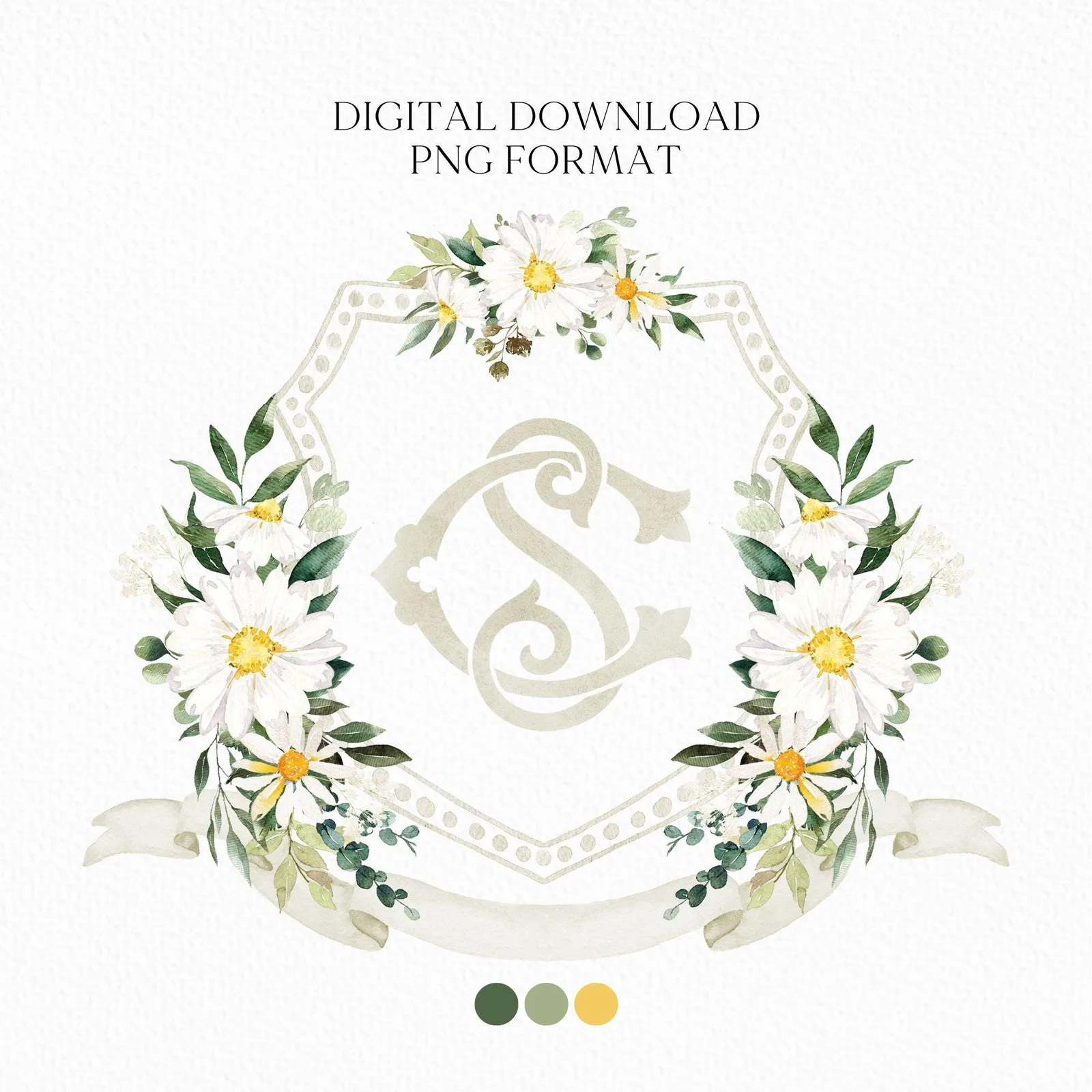 Daisy Greenery Flower Wedding Crest - Monogram Crest - Daisy Floral Luxury Watercolor Wedding Crest - Romantic Wedding Crest