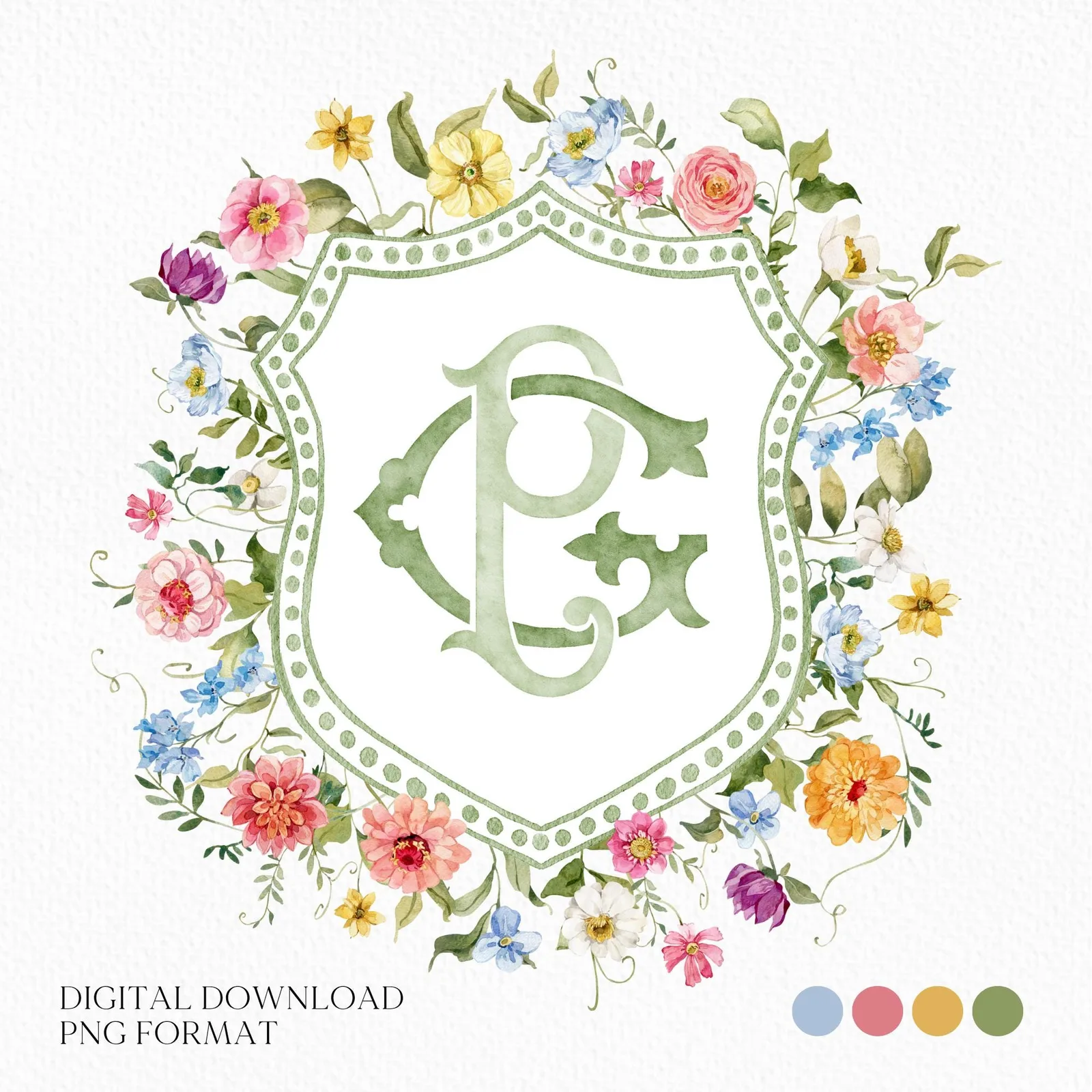Wildflowers Bright Floral Colorful Watercolor Wedding Crest - Monogram Crest - Floral Watercolor Wedding Crest - Romantic Wedding Crest