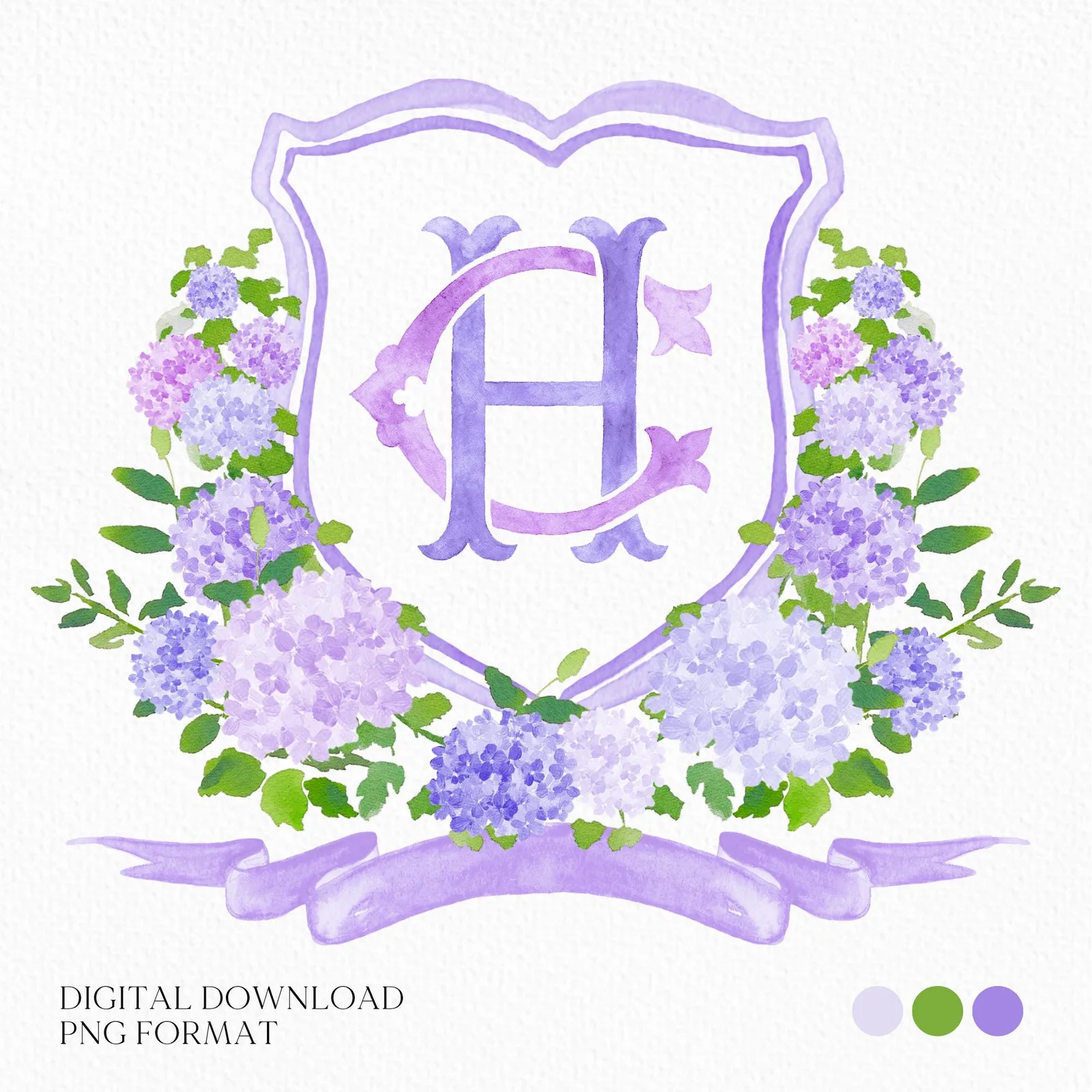 Purple Hydrangea Flower Wedding Crest - Monogram Crest - Light Purple Hydrangea Floral Watercolor Wedding Crest - Romantic Wedding Crest