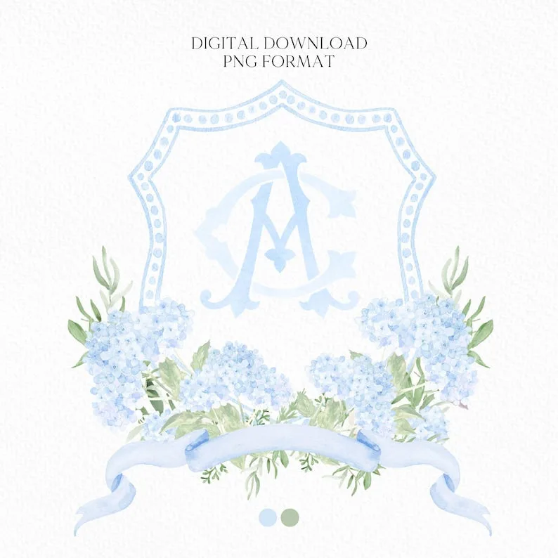 Watercolor Hydrangea Wedding Crest – Light Blue Floral Monogram (Digital Download)
