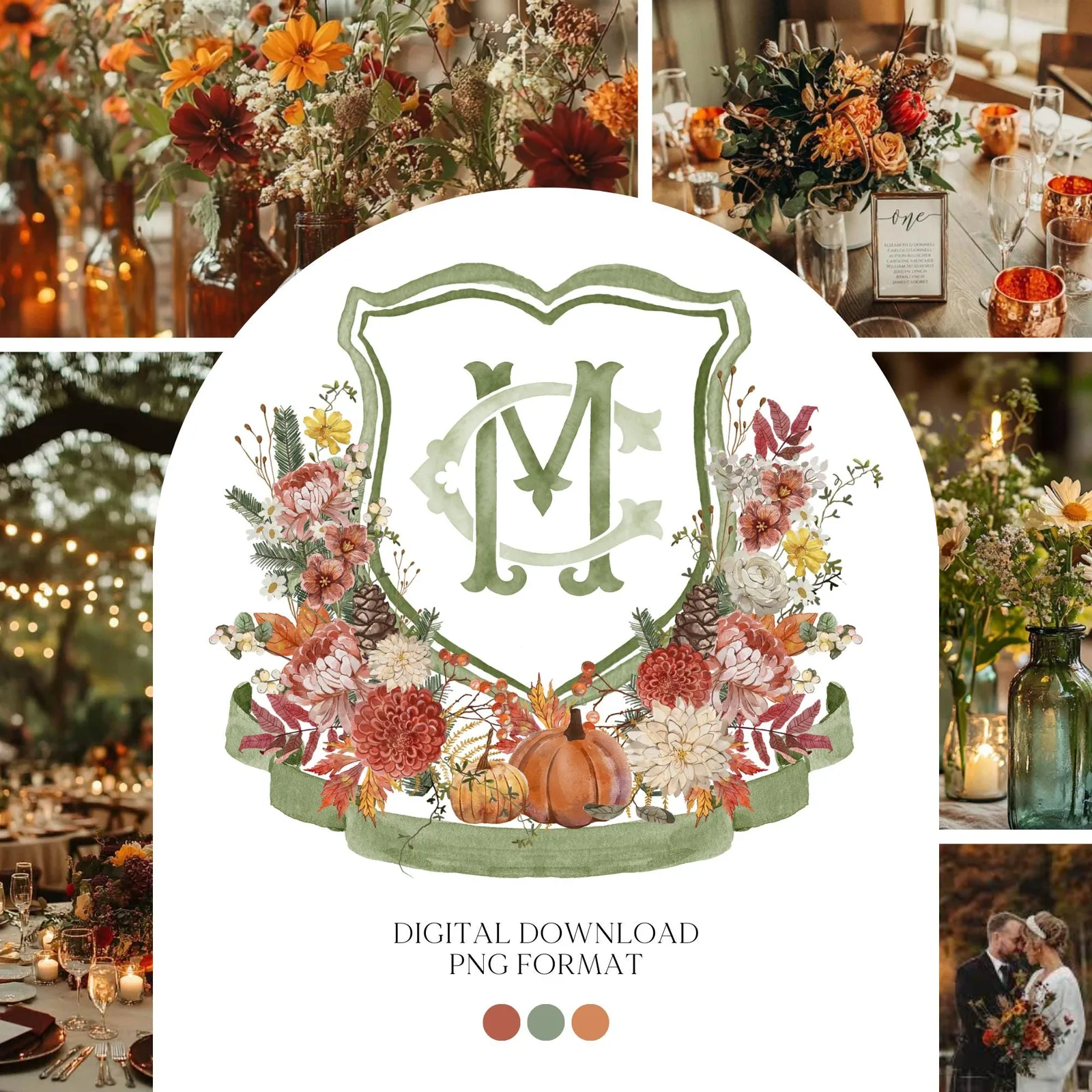 Autumn Watercolor Flower Leaf Wedding Crest - Monogram Crest - Rustic Fall Floral Luxury Watercolor Wedding Crest - Pumpkins Wedding Crest