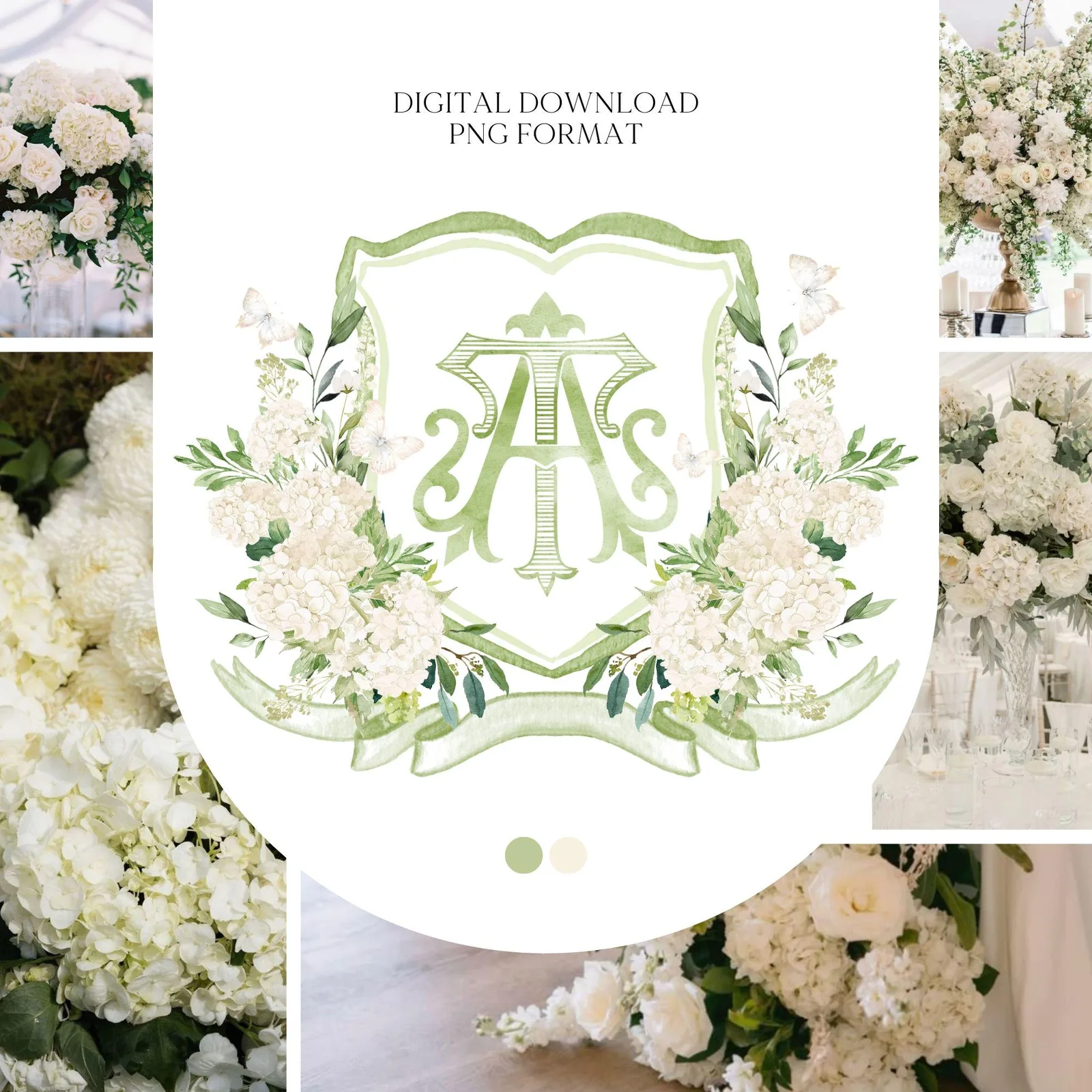 White Hydrangea Flower Wedding Crest - Monogram Crest - Hydrangea Floral Watercolor Wedding Crest - Romantic Wedding Crest - Boho Hydrangea