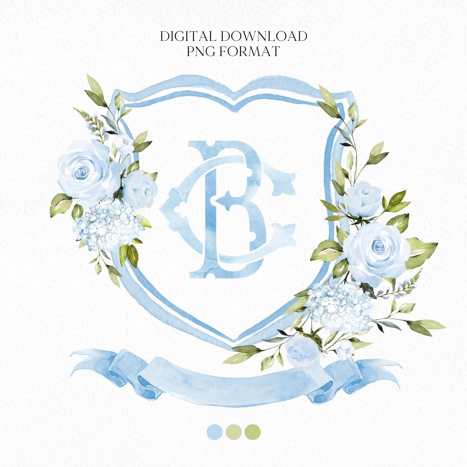 Baby Blue Roses Eucalyptus Flower Wedding Crest - Monogram Crest - Blue Floral Luxury Watercolor Wedding Crest - Romantic Wedding Crest
