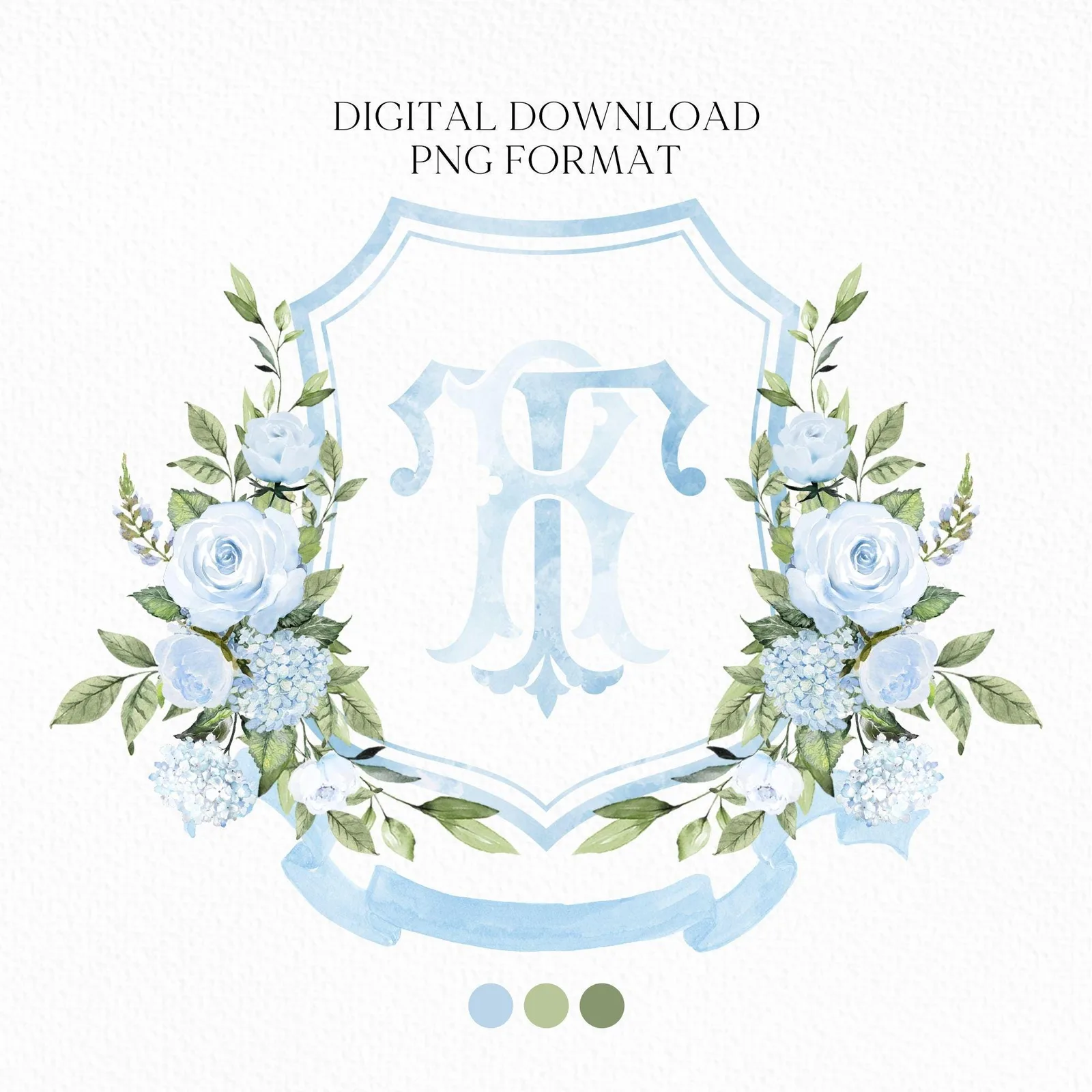 Baby Blue Roses Eucalyptus Flower Wedding Crest - Monogram Crest - Blue Floral Luxury Watercolor Wedding Crest - Romantic Wedding Crest