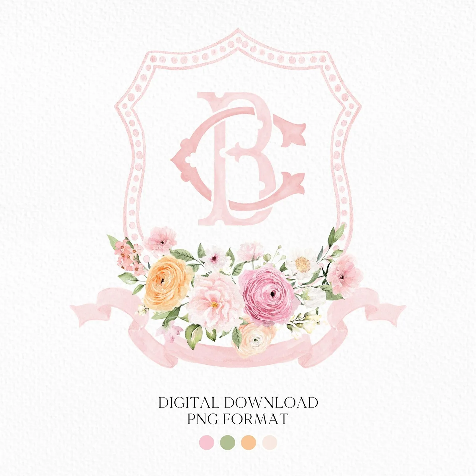 Wildflowers Bright Floral Colorful Watercolor Wedding Crest - Monogram Crest - Watercolor Blush and Pink Floral Watercolor Wedding Crest