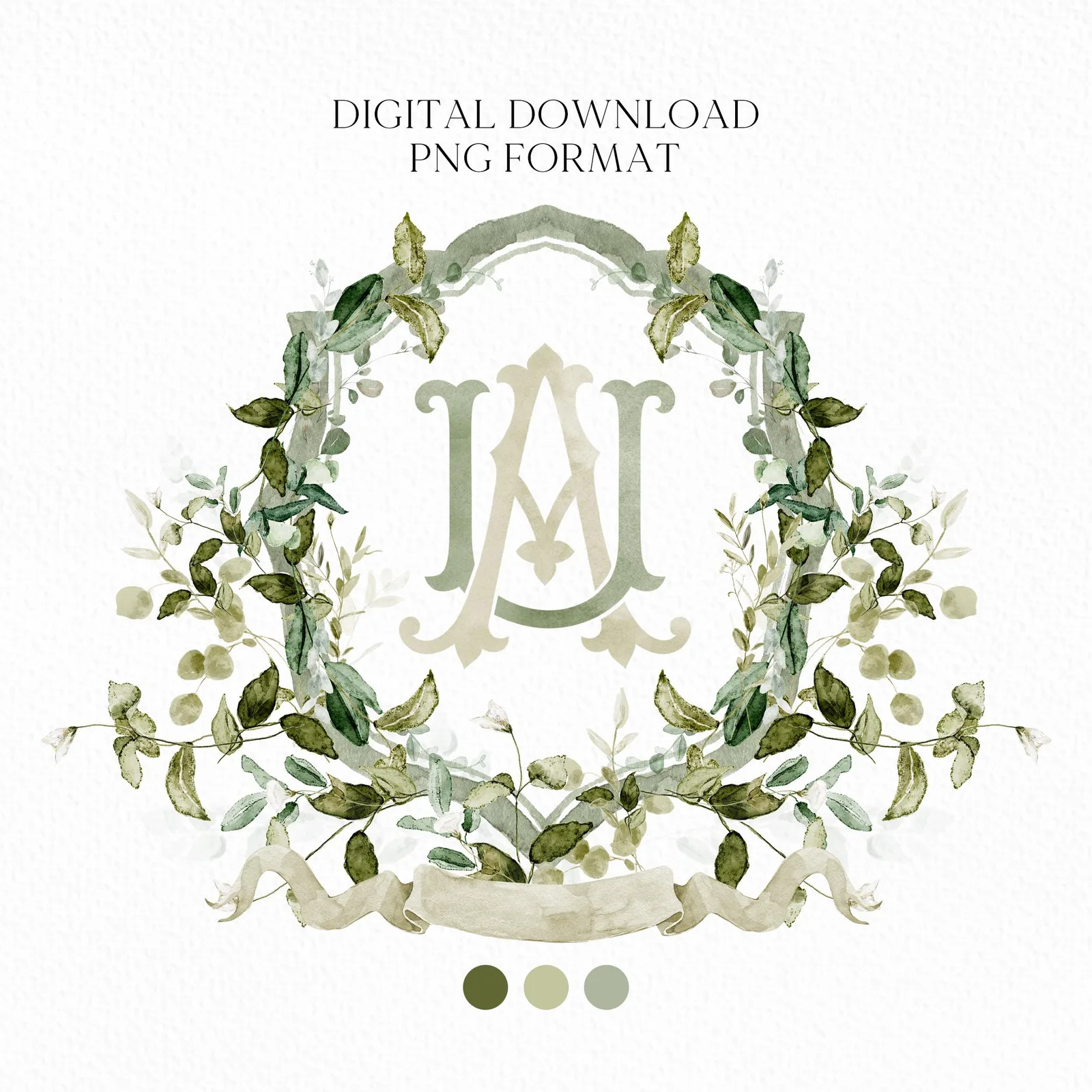 Greenery Green Leaves Flower Wedding Crest - Monogram Crest - Greenery Floral Luxury Watercolor Wedding Crest - Romantic Wedding Crest