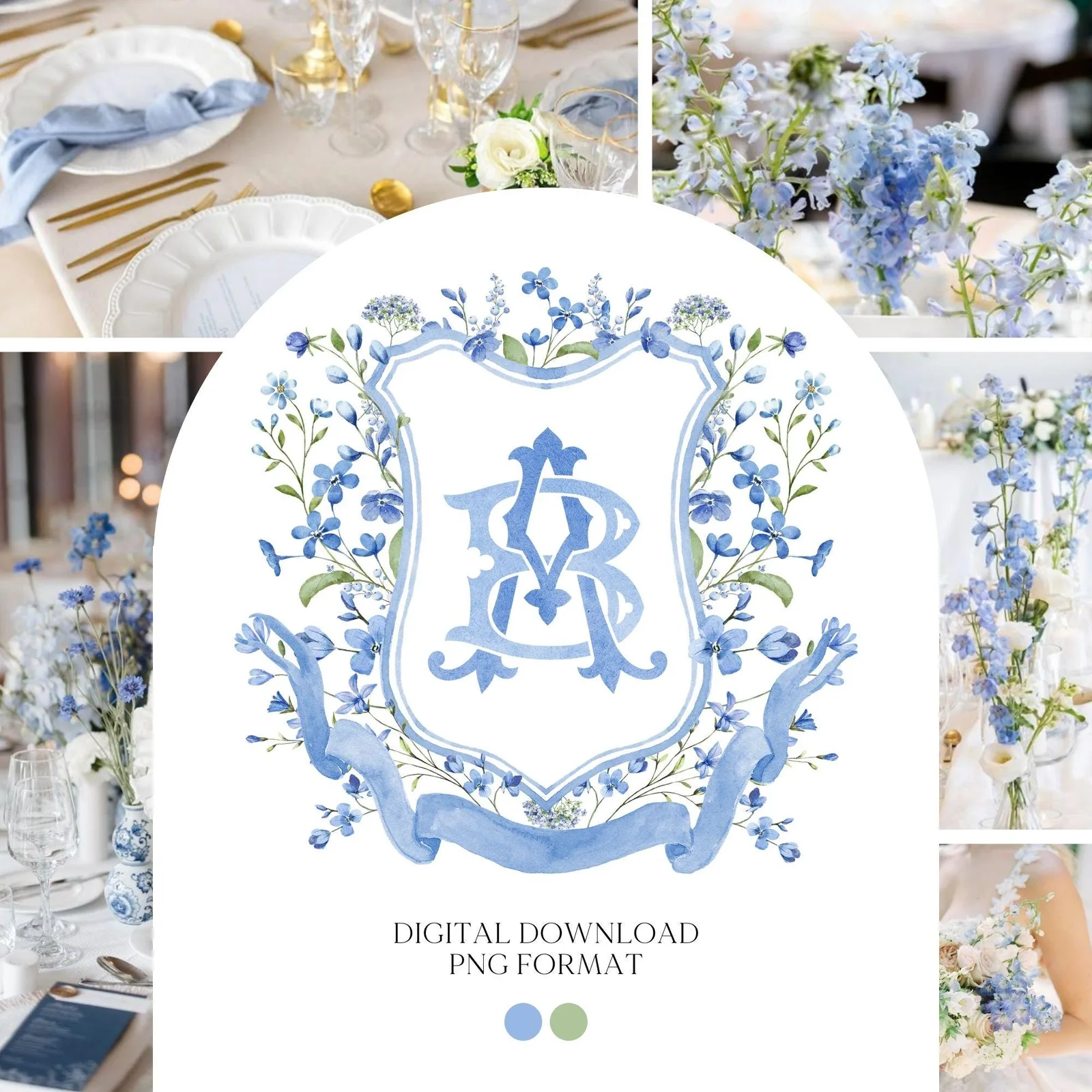 Blue WildFlower Wedding Crest - Monogram Crest
