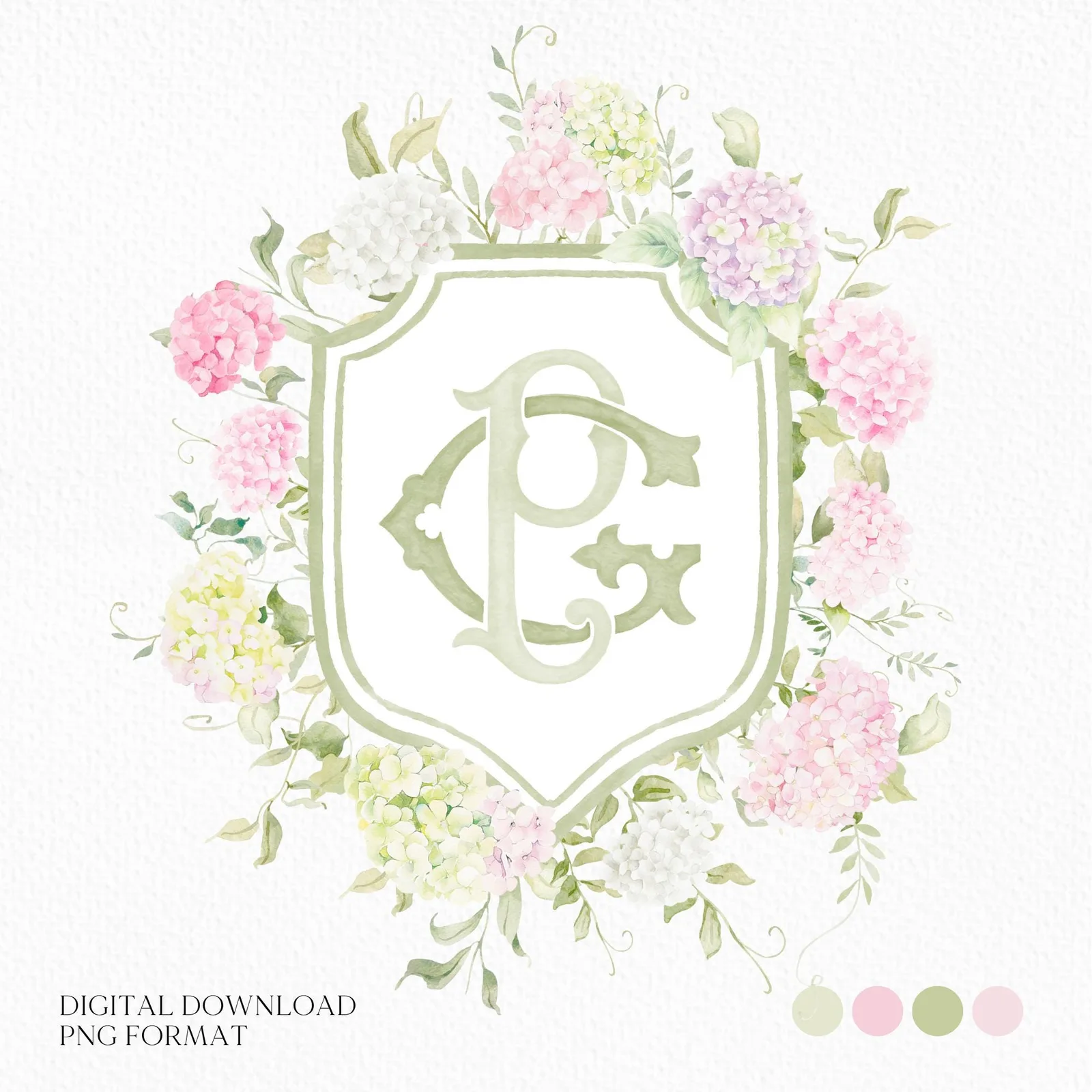 Blue White Pink Hydrangea Flower Wedding Crest - Monogram Crest - Pastel Color Hydrangea Floral Luxury Watercolor Wedding Crest