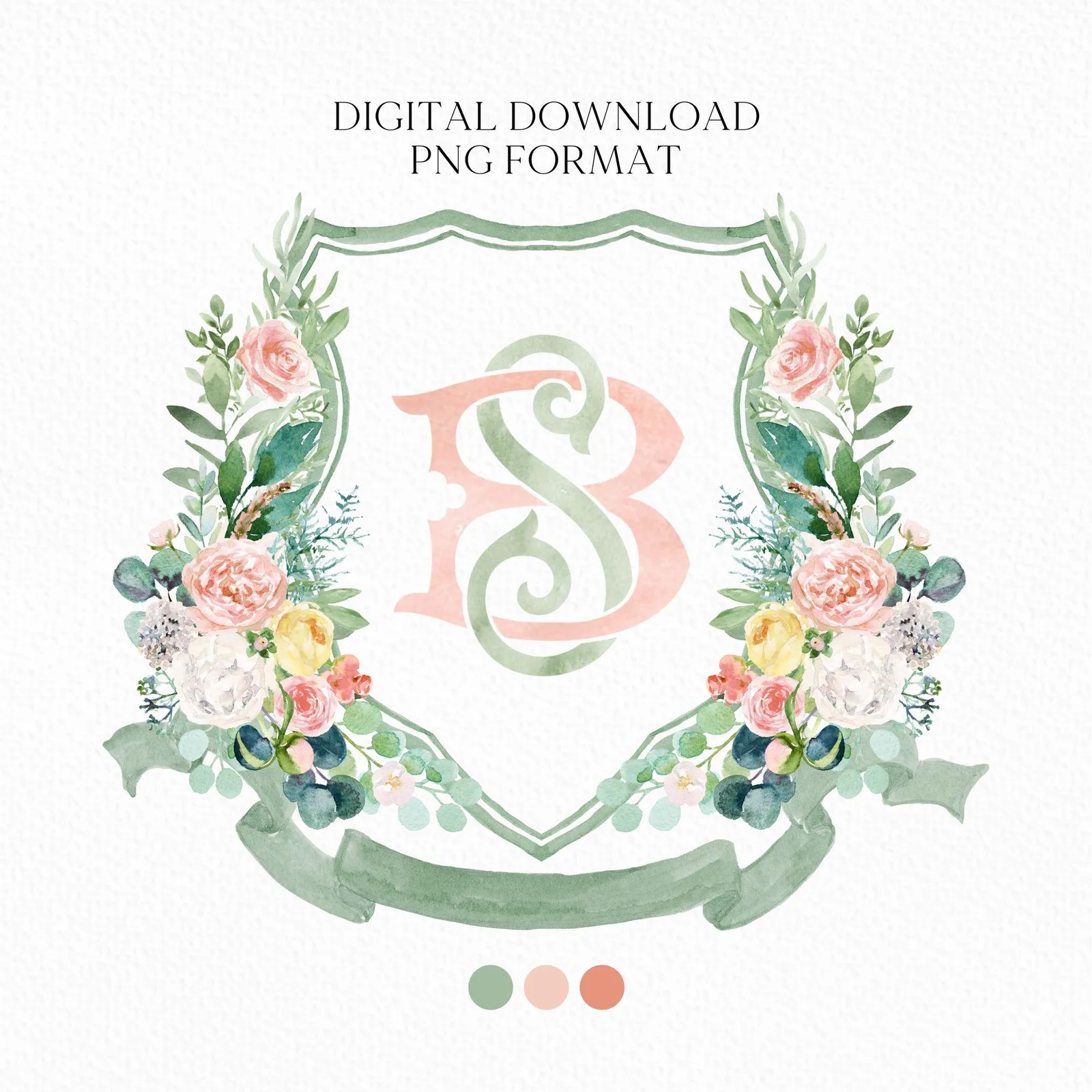 Boho Pink Flowers Greenery Wedding Crest - Monogram Crest - Pink Floral Luxury Watercolor Wedding Crest - Romantic Wedding Crest