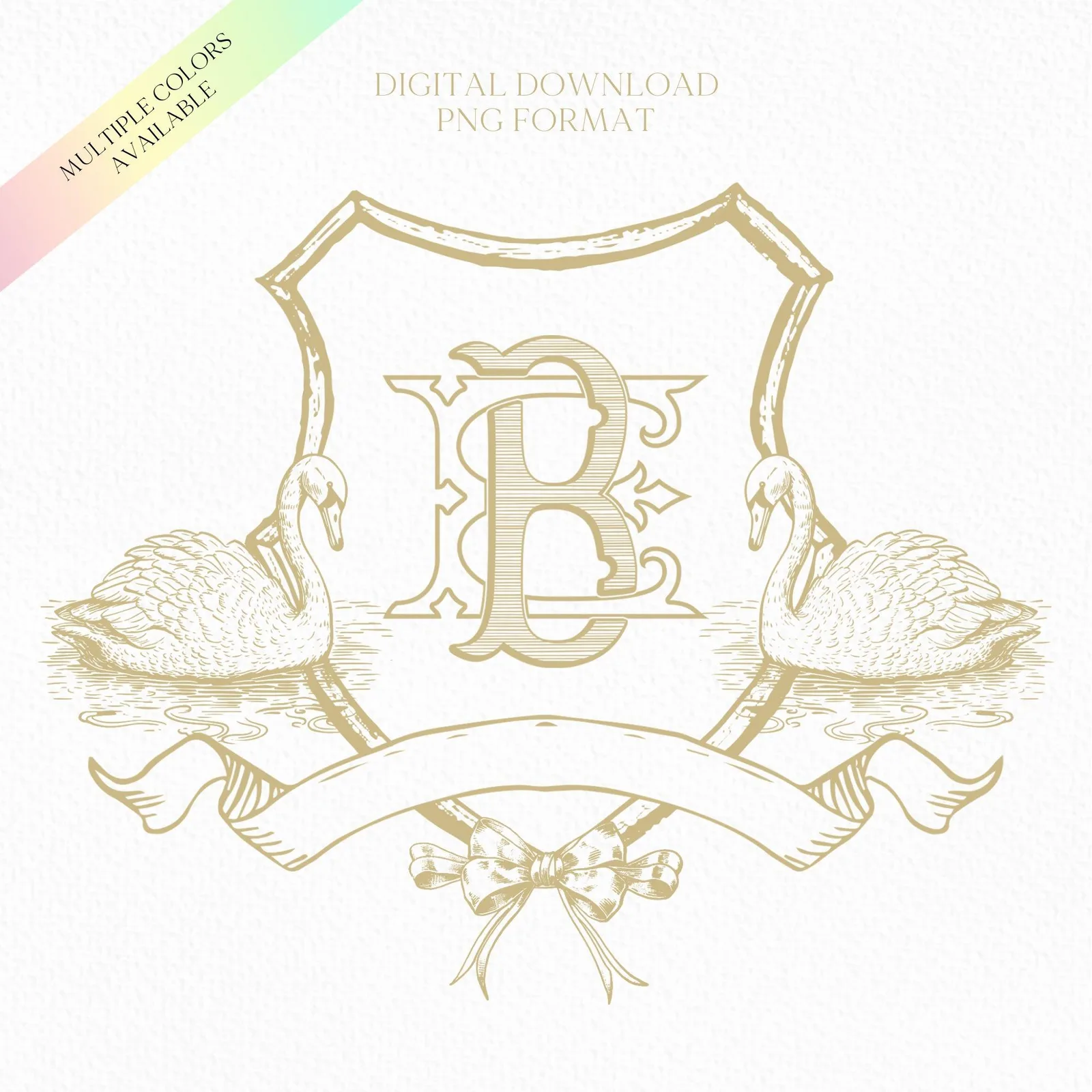 Vintage Swans Gold Wedding Crest Bow Crest - Monogram Crest - Bow Swans Luxury Line art Wedding Crest - Romantic Wedding Crest