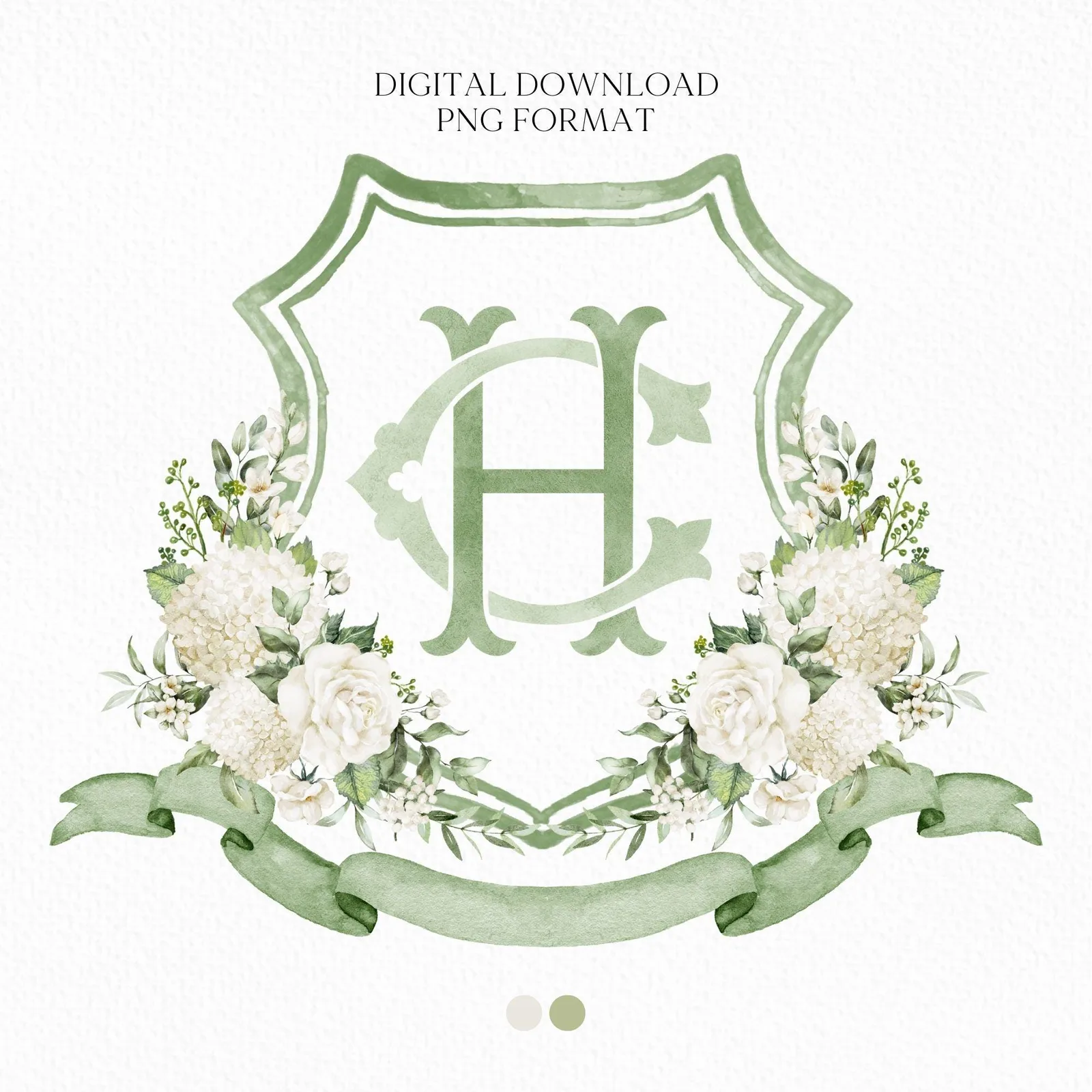 Hydrangea White Rose Greenery Flower Wedding Crest - Monogram Crest - Hydrangea White Floral Watercolor Wedding Crest Romantic Wedding Crest
