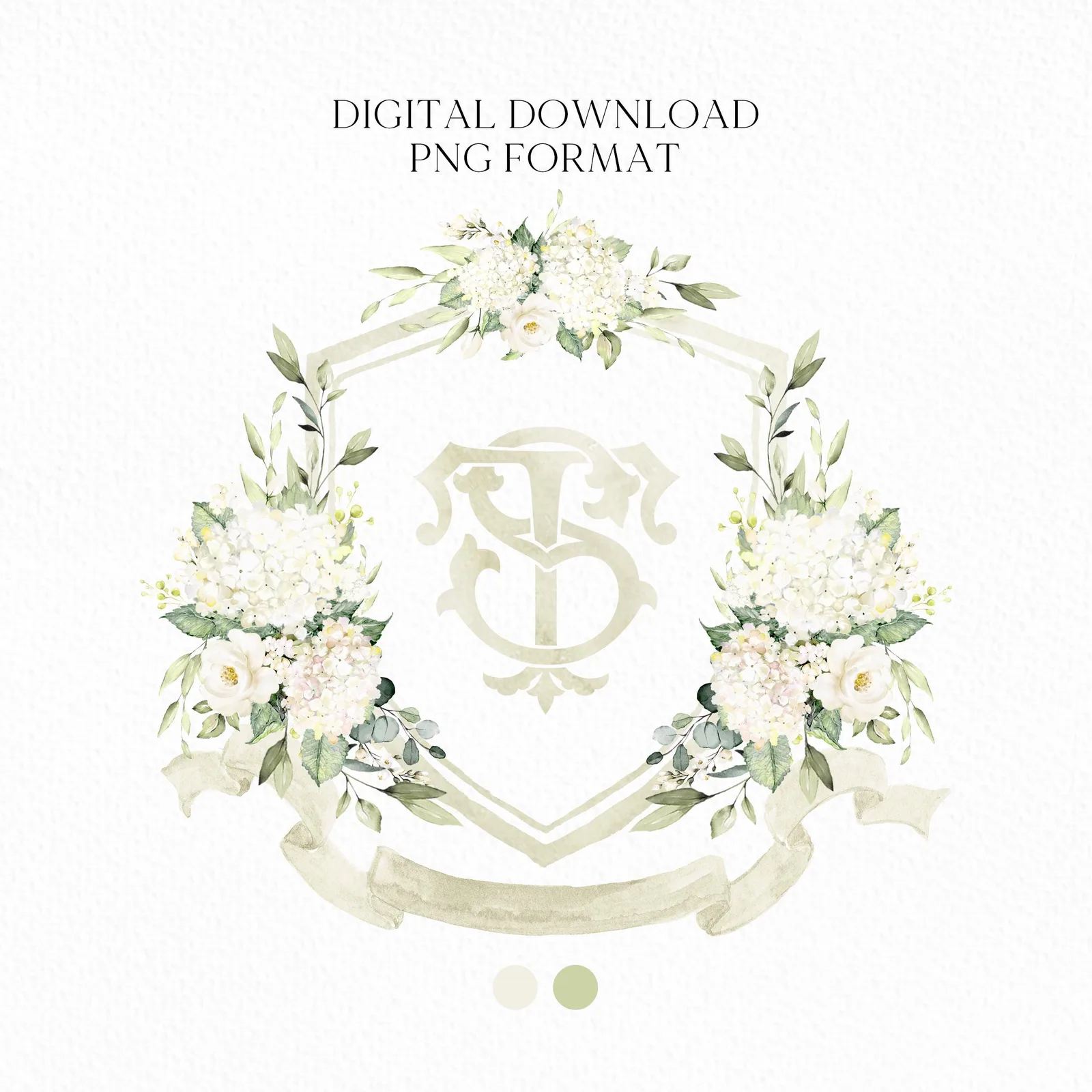 White Hydrangea Flower Wedding Crest - Monogram Crest - Hydrangea Floral Watercolor Wedding Crest - Romantic Wedding Crest - Boho Hydrangea