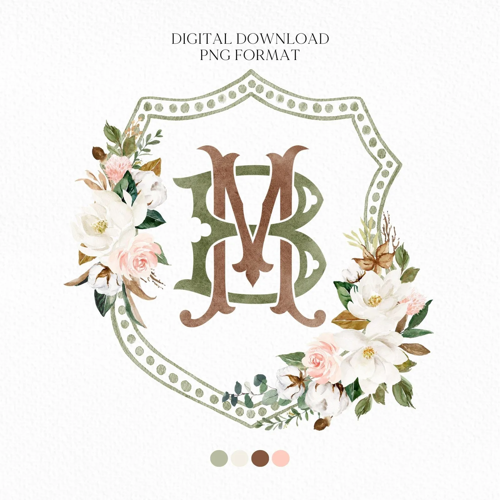 Magnolia Greenery Flower Watercolor Wedding Crest