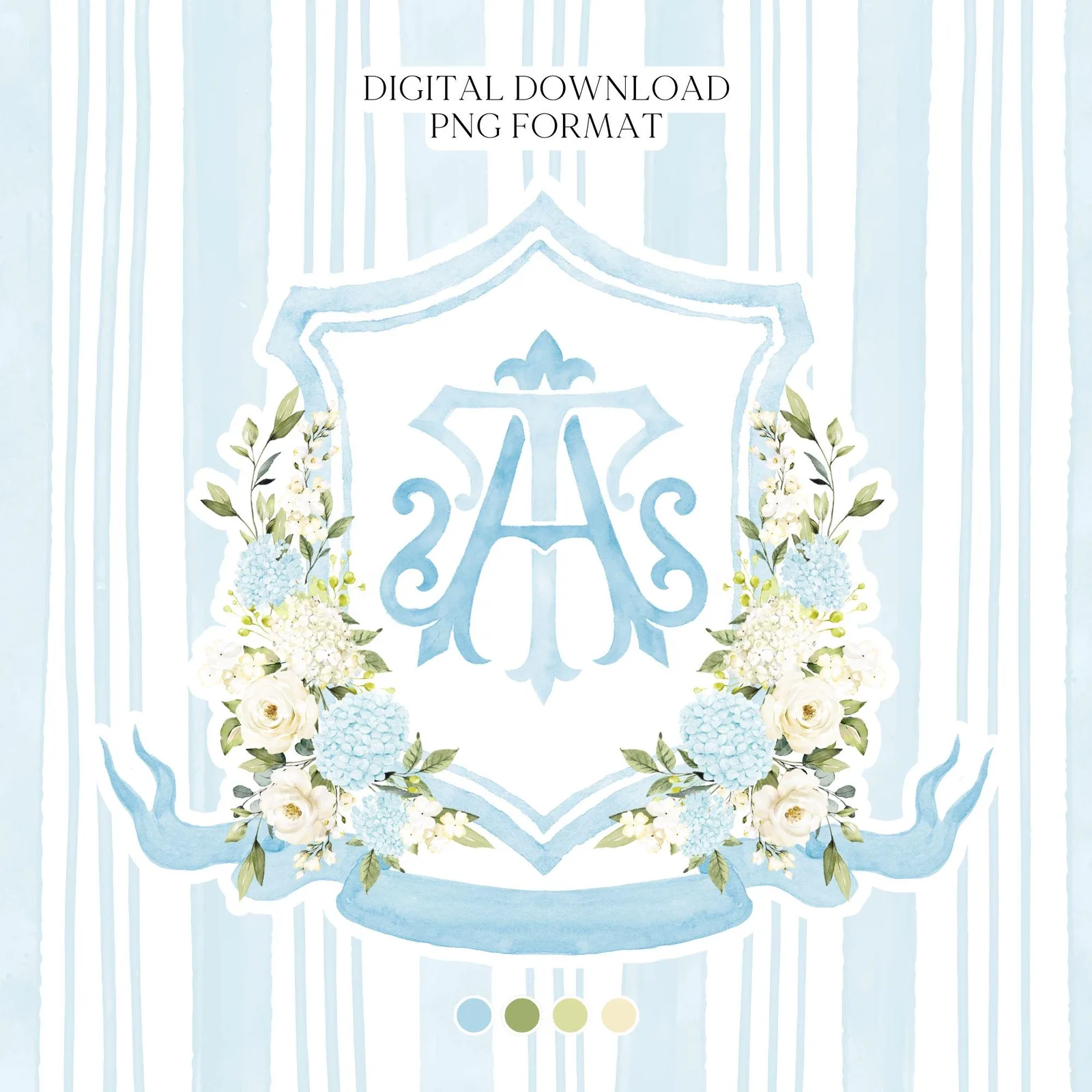 Light Blue Hydrangea Flower Wedding Crest - Monogram Crest - Roses Floral Luxury Watercolor Wedding Crest - Romantic Wedding Crest