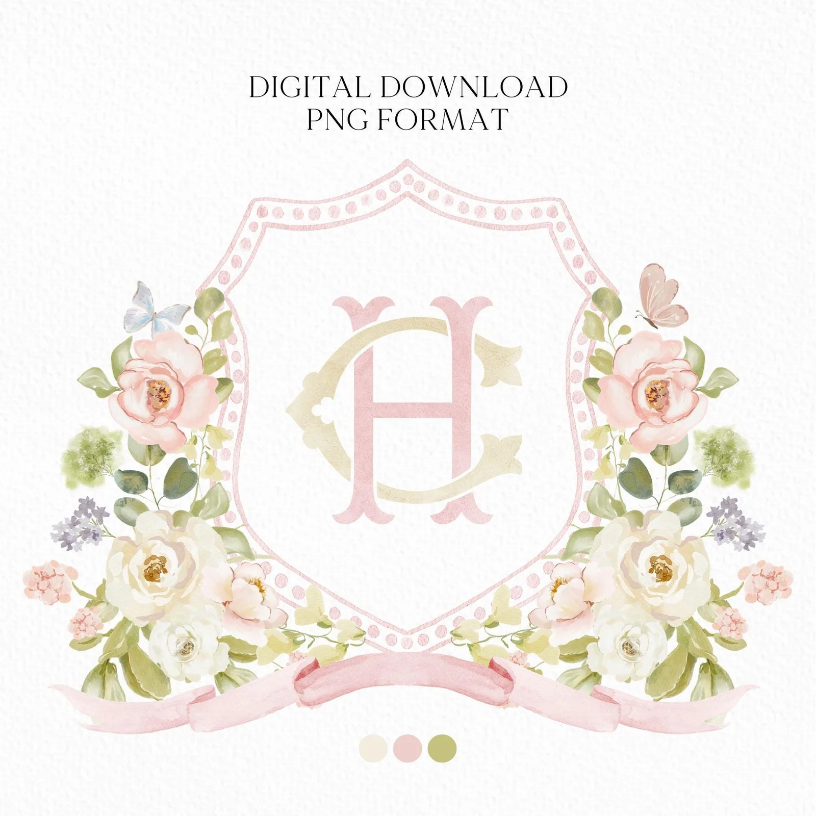 Rose Spring Greenery White Flower Wedding Crest - Monogram Crest - blush Pink Floral Watercolor Wedding Crest - Romantic Wedding Crest