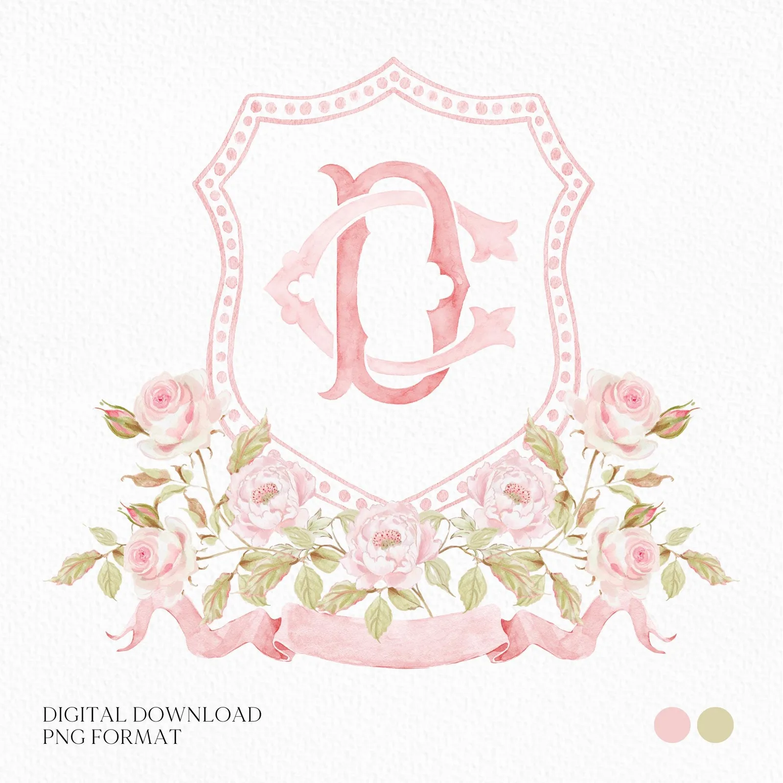 Blush Pink Floral Rustic Greenery Flower Wedding Crest - Monogram Crest - Floral Watercolor Wedding Crest - Romantic Wedding Crest